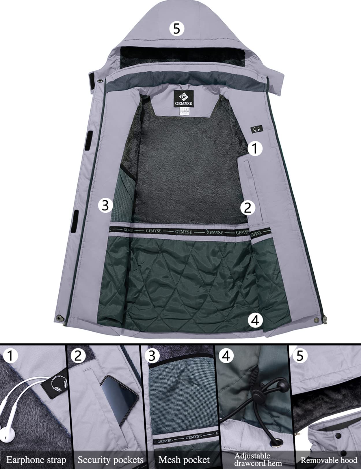 GEMYSE Damen Skijacke Wasserdicht Winddicht Fleece Winterjacke mit Kapuze Schneejacke für Aktivitäten im Freien(Grau schwarz,2XL)