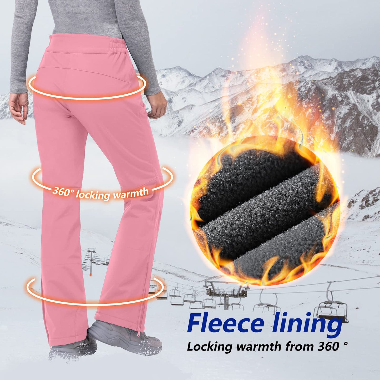 33,000ft Damen Skihose Outdoorhose Wasserdicht Winddichte Softshellhose Warme Gefütterte Trekkinghose Atmungsaktive Schnelltrocknende Thermohose Wanderhose Winter, Rosa 36W*29L