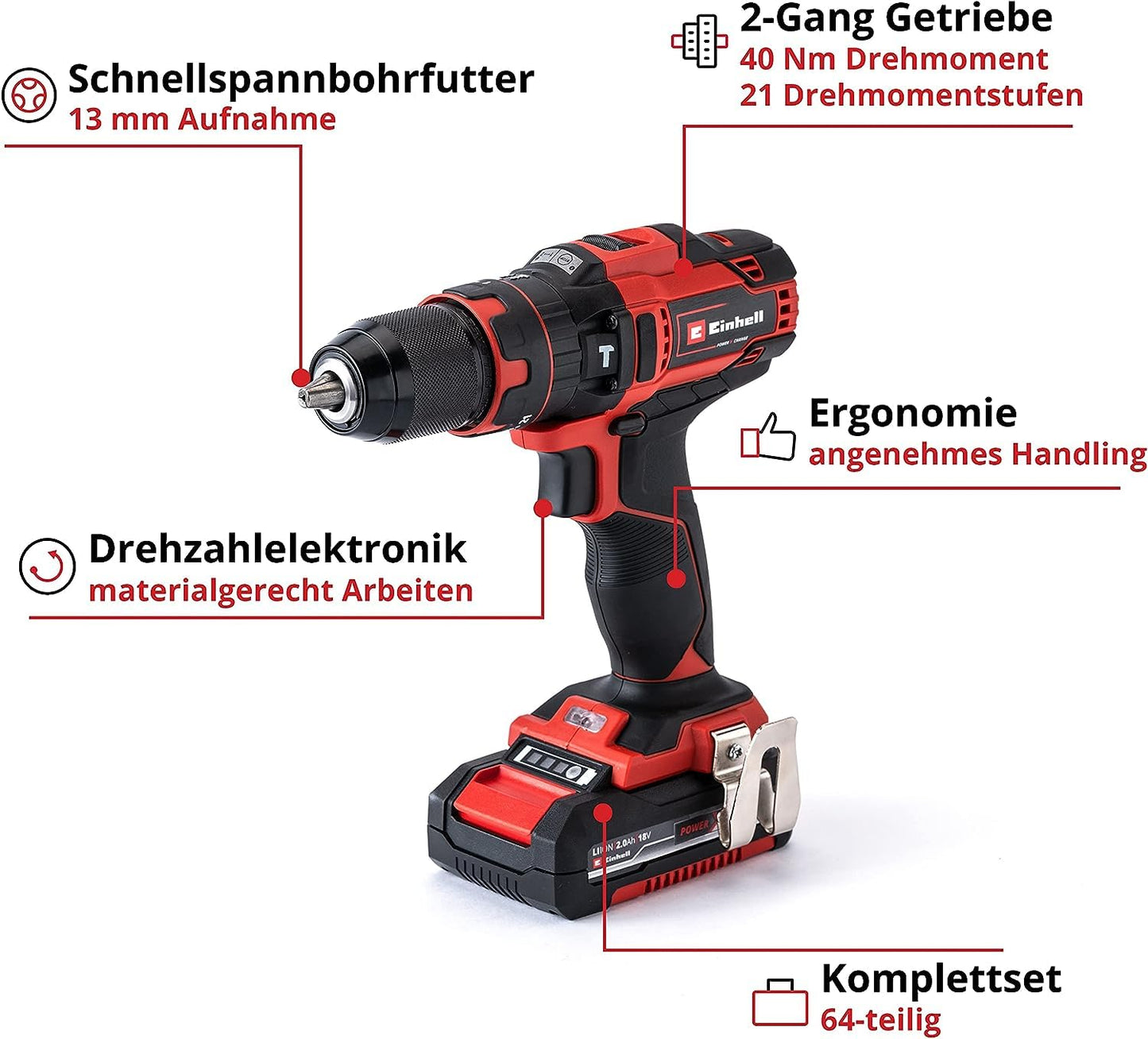 Akku-Schlagbohrschrauber-Set TE-CD 18/40 Li-i +64 (2x2,0 Ah) Power X-Change (Li-Ion, 18 V, 40 Nm, Drehzahl-Elektronik, 2-Gang-Getriebe, max. 24.000 min-1, inkl. Akkus, Ladegerät & Zubehör)