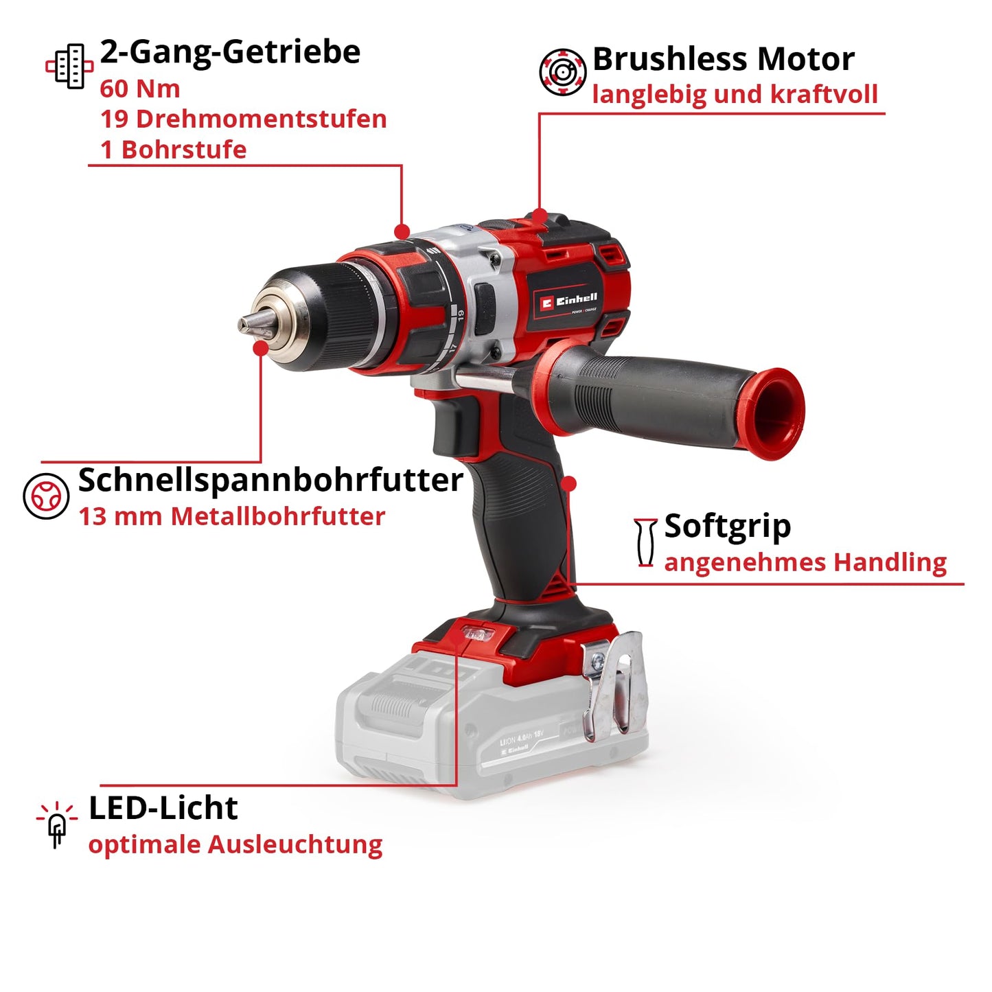 Professional Akkuschrauber TP-CD 18 Li Brushless Solo Power X-Change (Li-Ion, Rot, 18 V, 2 Gang, 60Nm/Brushless/ohne Akku, LED Licht und Ladegerät)