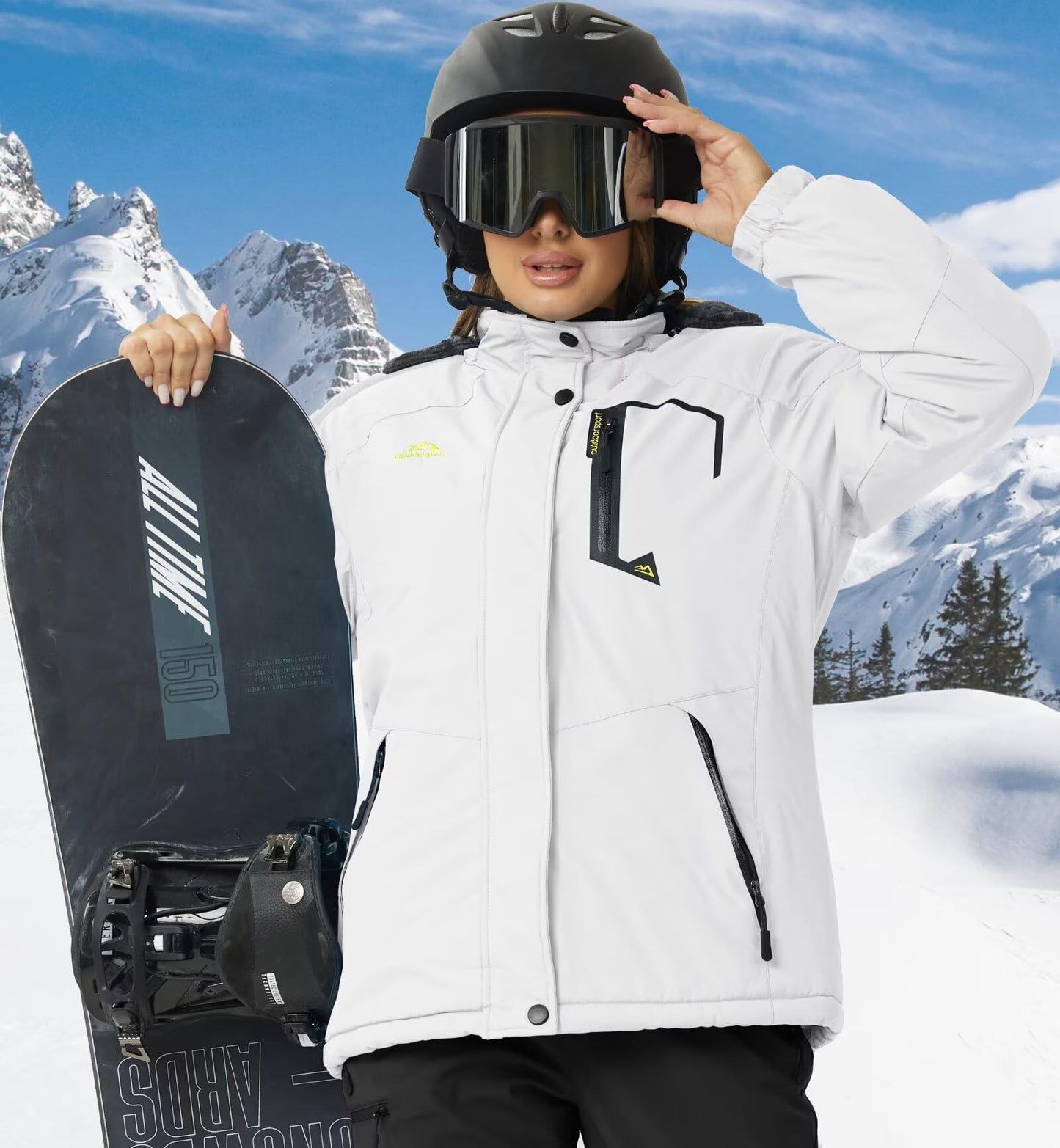 KEFITEVD Skijacke Damen Winddicht Warm Funktionsjacke mit Zip Taschen Fleece Thermojacke Warm Softshelljacke für Snowboarden Weiß M