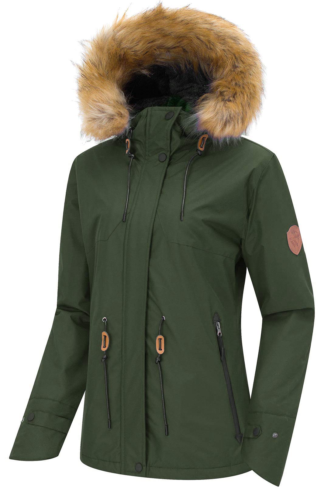 Wantdo Damen Wasserdicht Skijacke Winddichter Outdoor Sport Mäntel Berg Snowboardjacken Gefüttert Jacke mit Kunstpelzhaube Grün L