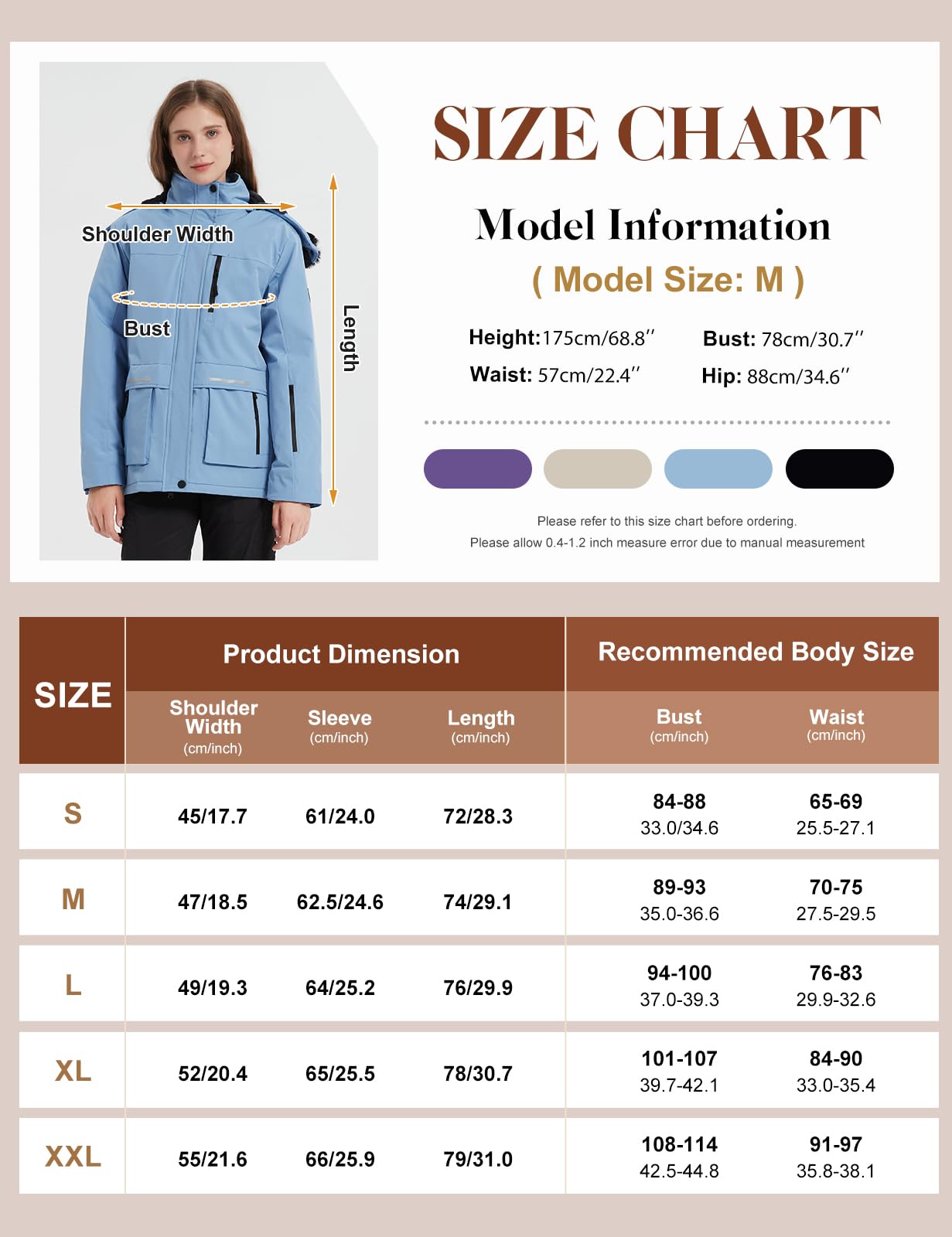Voqeen Winterjacke Damen Wasserdicht Skijacke Fleece Schnee Skianzug Winddicht Atmungsaktiv Verdickt Skimantel mit Abnehmbarer für Damen