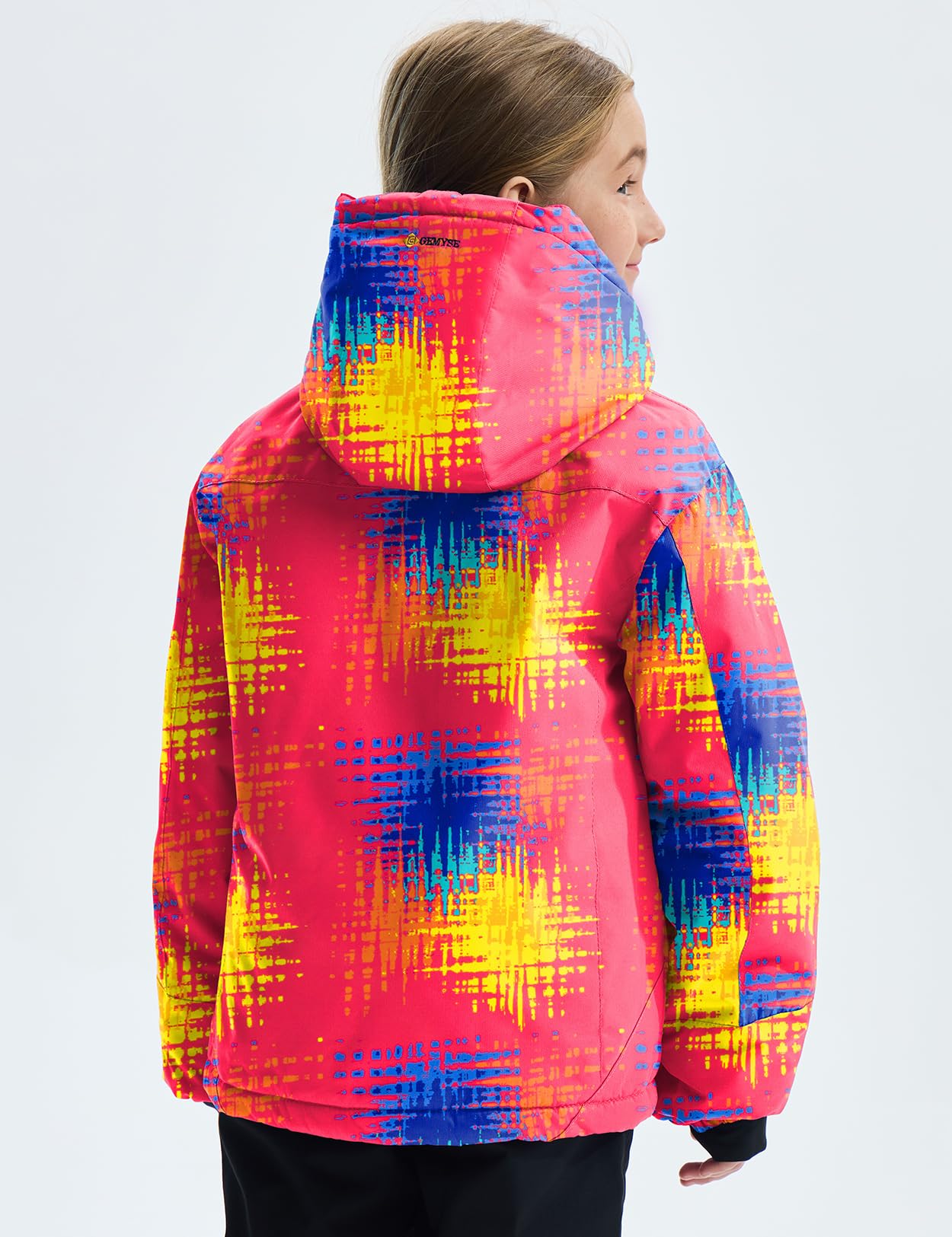 GEMYSE Mädchen Skijacke wasserdicht Winterjacke winddicht Fleece Schneeanzug warm mit Kapuze für Outdoor(Druck,140-146)