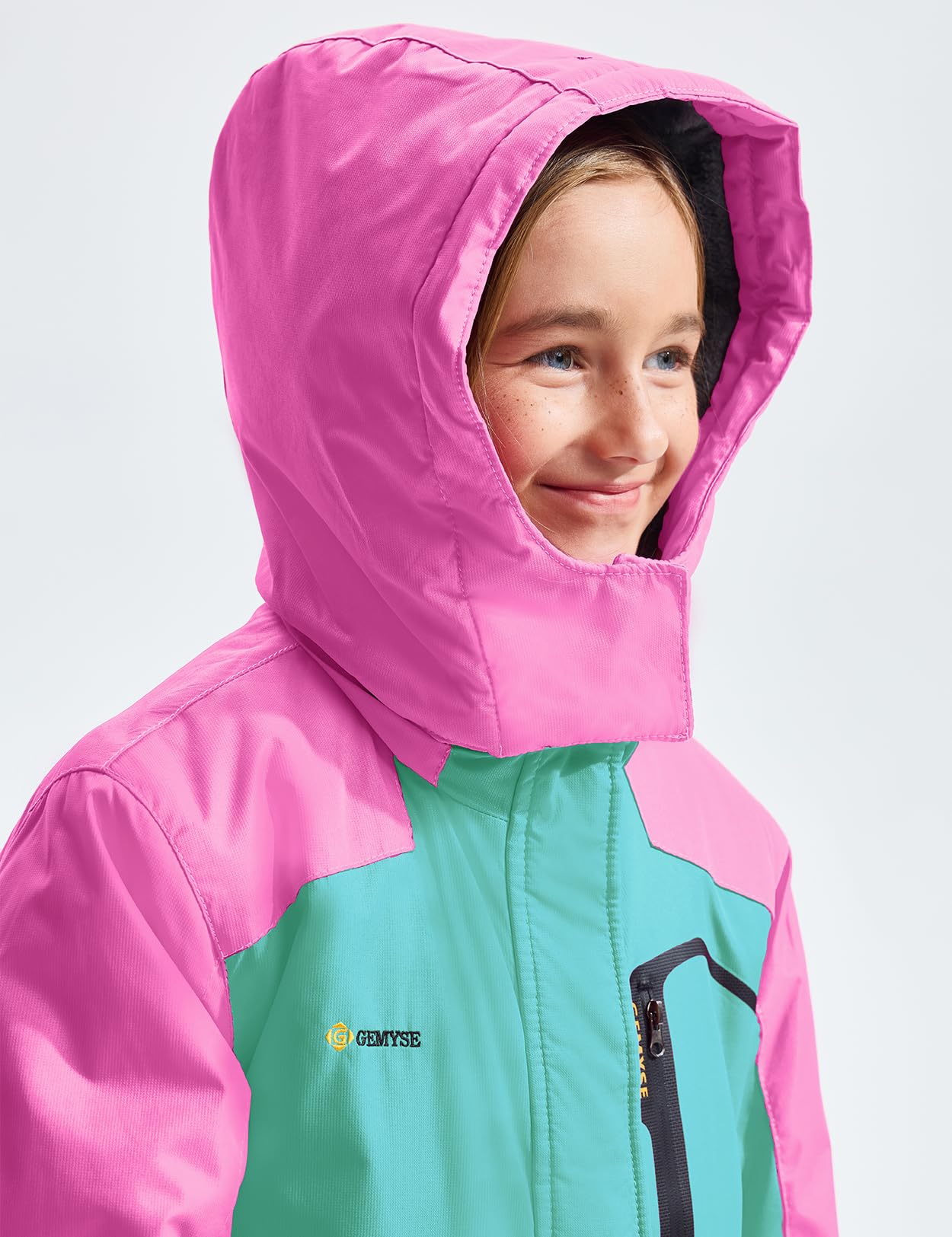 GEMYSE Mädchen Skijacke Wasserdichte Winterjacke Mit Warmer Fütterung Winddichter Schneeanzug Warm mit Kapuze für Outdoor(Tansanitblau Mit Leuchtendem Rosa,152-158)