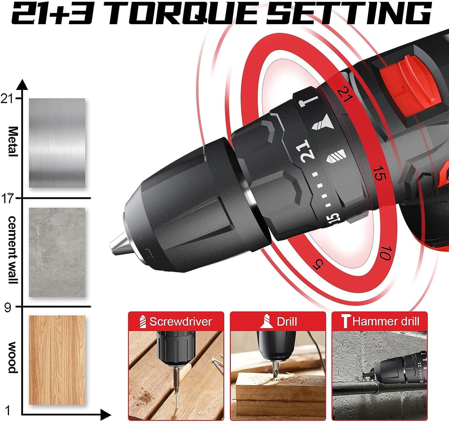 Akku-Schlagbohrmaschine 12 V, PULITUO schlagbohrschrauber set, Akkuschrauber mit 3/8" Metallfutter, 21 + 1 + 1 Drehmomentstufen, 1300-mAh-Batterie mit LED-Licht, 35 N.m maximales Drehmoment