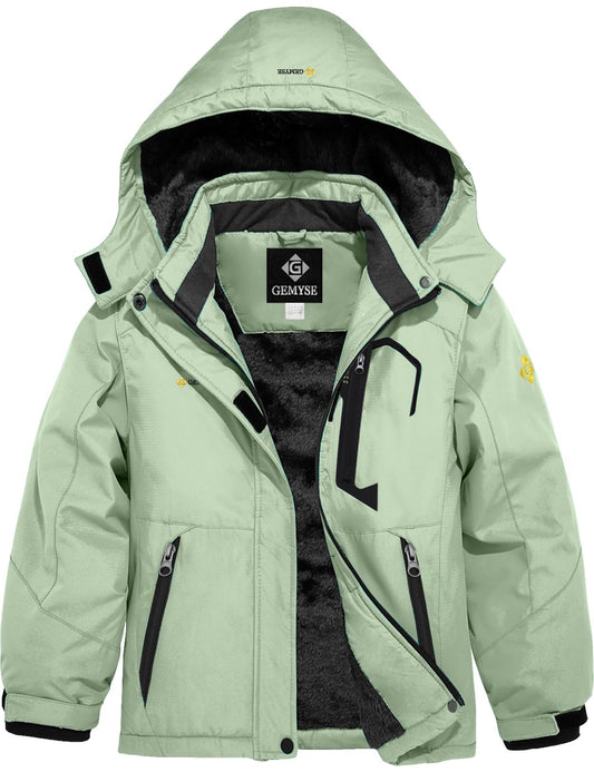 GEMYSE Mädchen Skijacke Wasserdichte Winterjacke Mit Warmer Fütterung Winddichter Schneeanzug Warm mit Kapuze für Outdoor(Aqua,140-146)