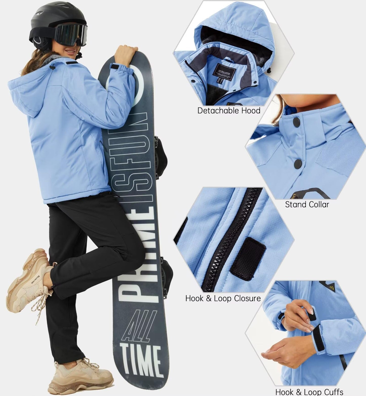 KEFITEVD Damen Skijacke Winddicht Atmungsaktiv Softshelljacke Winter Warm Verdickt Fleeckjacke mit Reißverschluss Brusttasche Multi-Taschen Übergangsjacke Ski Jacke Hellblau L