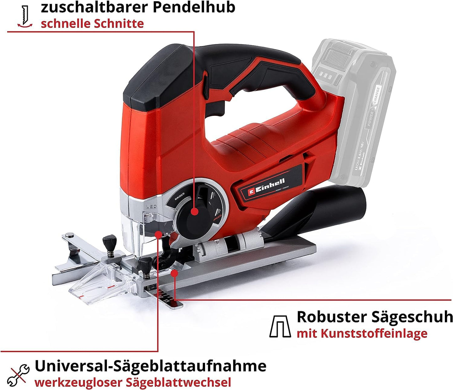 Akku-Stichsäge TE-JS 18/80 Li-Solo Power X-Change (18 V, max. 80 mm Schnitttiefe, 4-Stufen Pendelhub, Absaugadapter, Parallelanschlag, LED-Licht, ohne Akku)