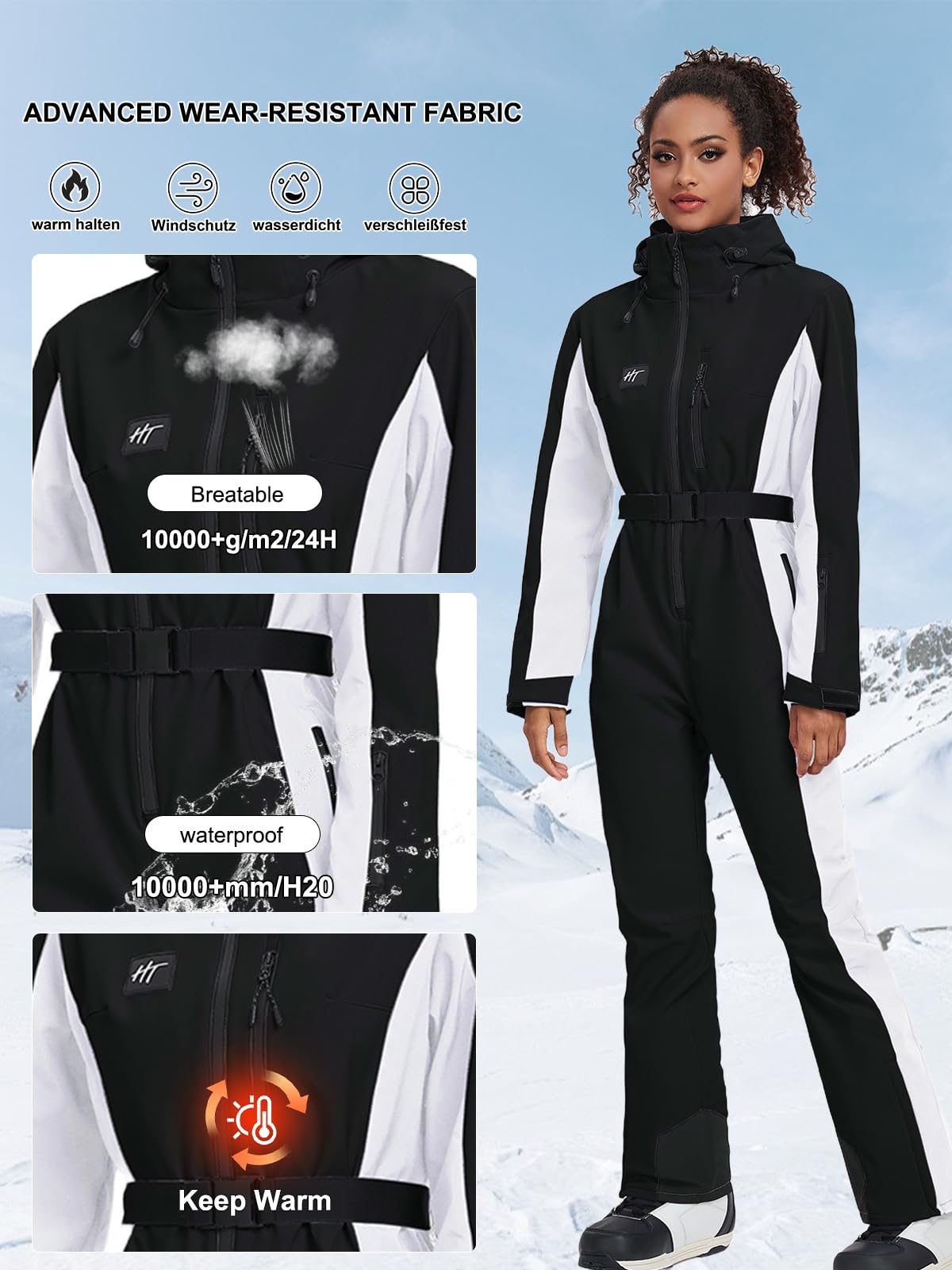 HOTIAN Damen Skianzug Damen Einteiler Skioverall Winter Warme Schnee Skifahren Winddicht Wasserdicht Outdoor Schneeoverall Jumpsuit Mit Kapuze Verdicken Schneeanzug Ski Suit Black M