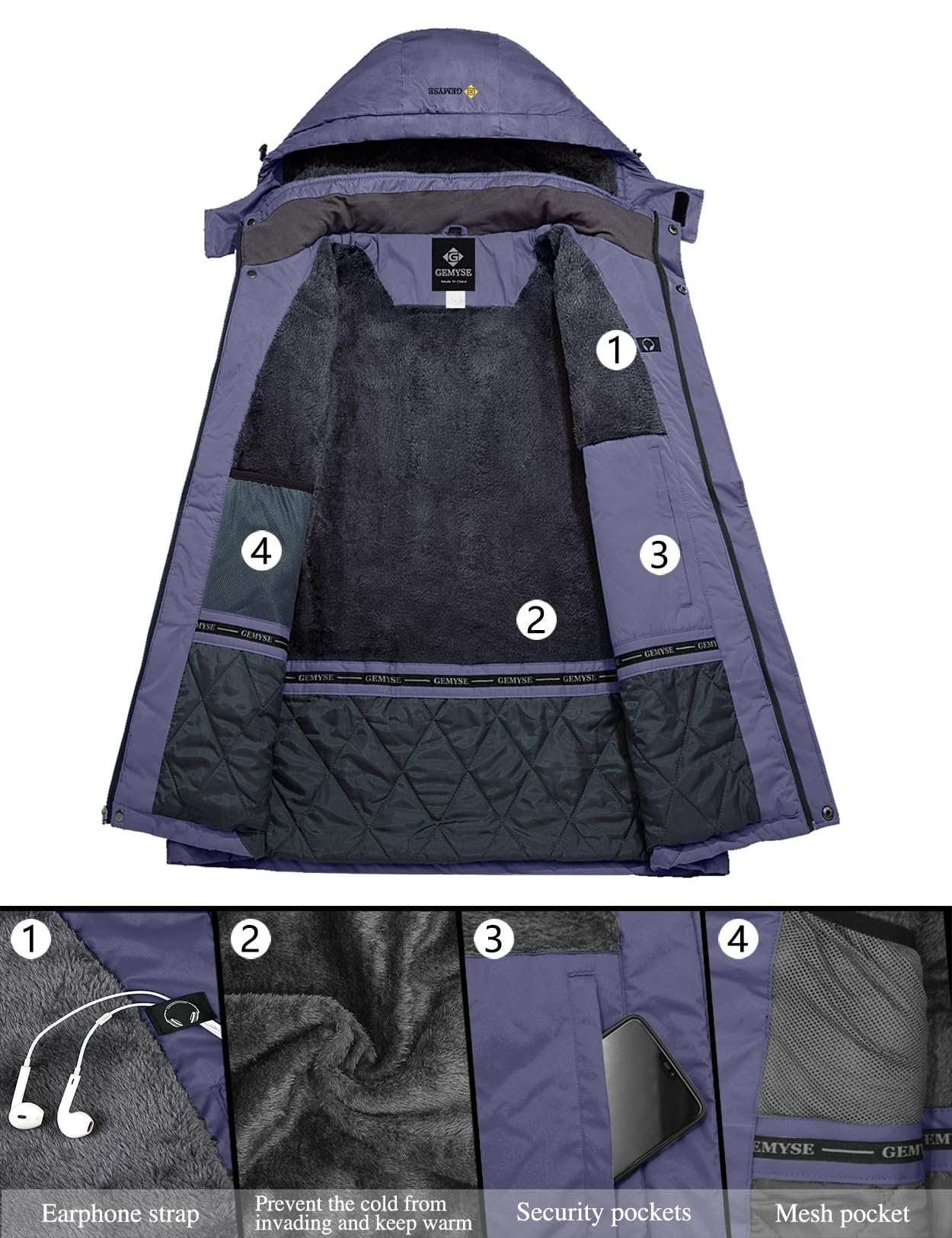 GEMYSE Damen Skijacke Wasserdicht Fleece Winterjacke Winddicht Schneejacke mit Kapuze für Outdoor Aktivitäten und Sport(Grau Lila,M)