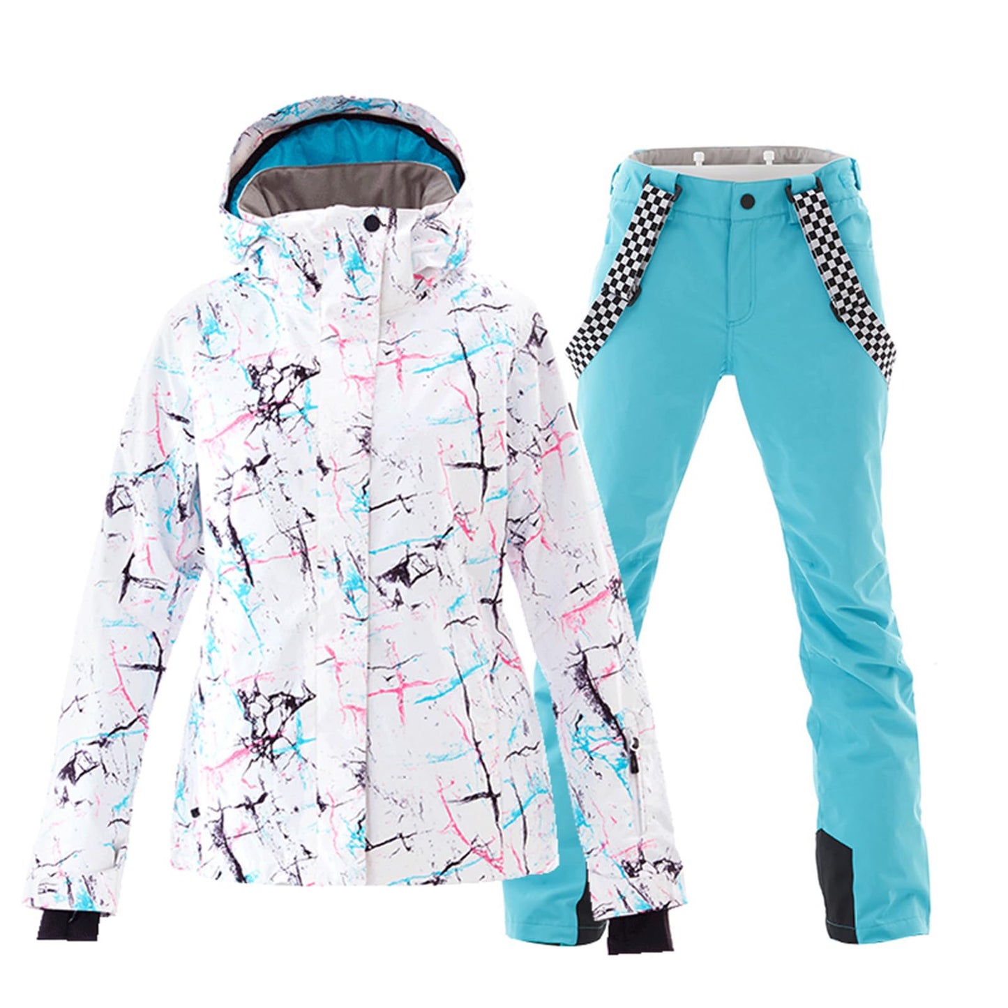 ALSOGO Damen Skianzug Schneeanzug Winddicht Wasserdicht Skifahren Snowboardjacke Trägerhose Set Zum Skifahren Snowboarden Klettern SMNWT+Blue L