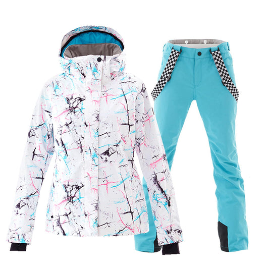 ALSOGO Damen Skianzug Schneeanzug Winddicht Wasserdicht Skifahren Snowboardjacke Trägerhose Set Zum Skifahren Snowboarden Klettern SMNWT+Blue L