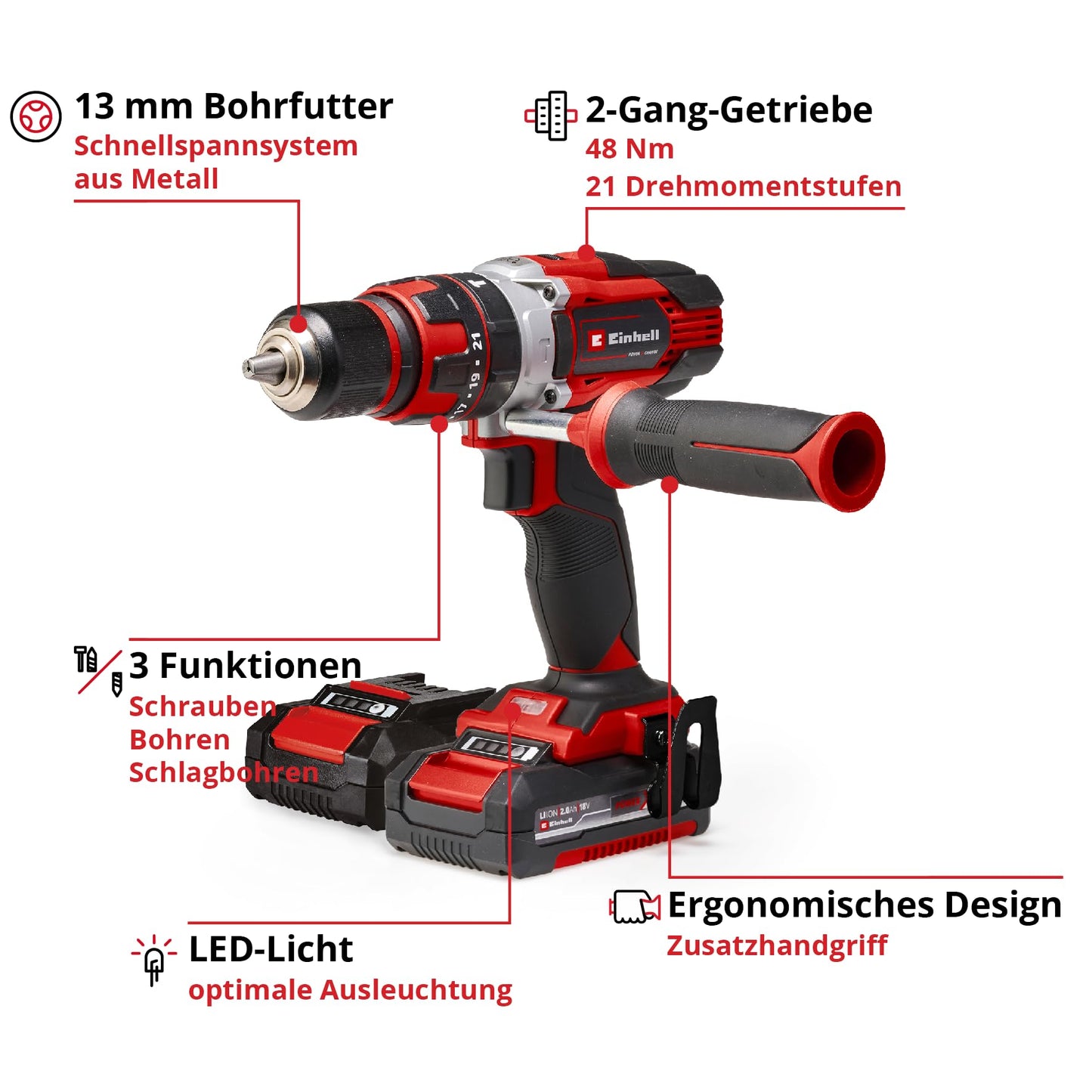 Akku-Schlagbohrschrauber TE-CD 18/48 Li-i Kit Power X-Change (18 V, 48 Nm, Schlagbohrfunktion, 13 mm Bohrfutter, 2 Gang, Koffer, inkl. 2x 2,0 Ah Akkus + Ladegerät)