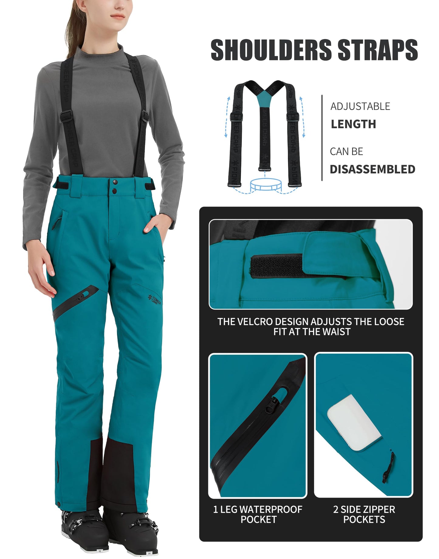 Pioneer Camp Skihose Damen Schneehose abnehmbaren Hosenträgern Wasserdicht Winddichte Verschweißte Nähte Schneefang Snowboardhose Softshellhose Outdoorhose Funktionshose Eisblau S