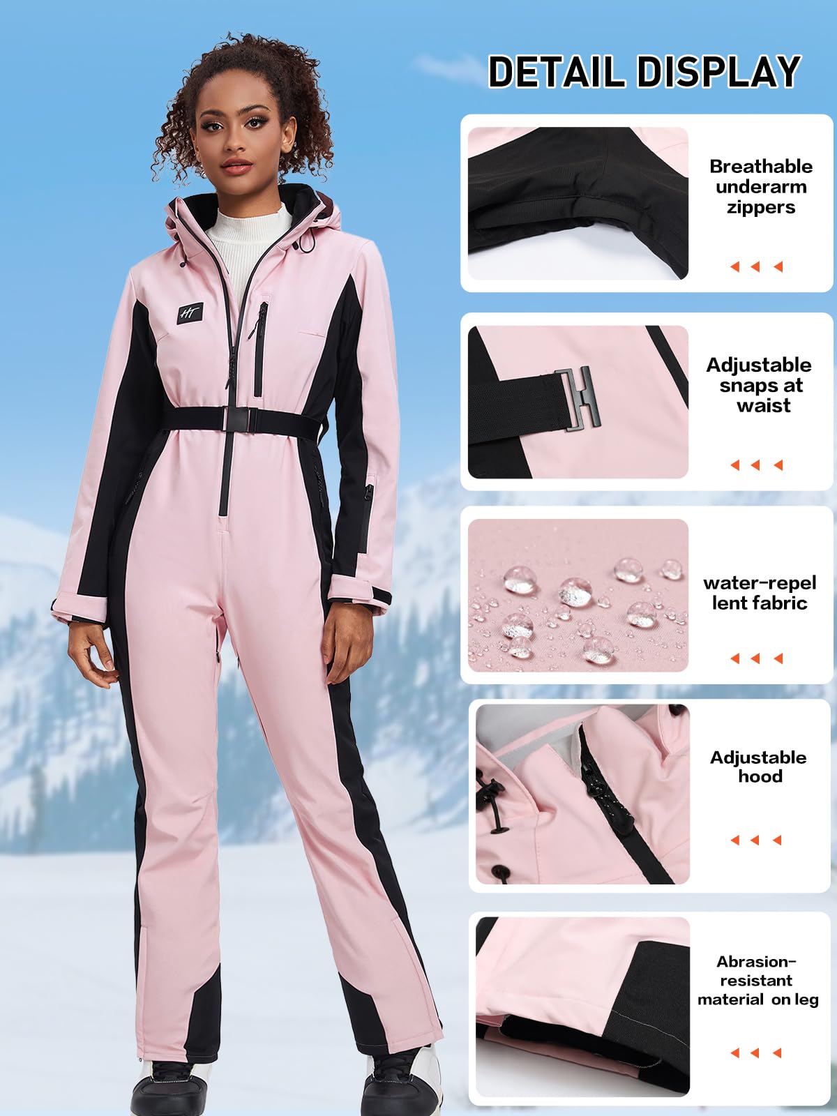HOTIAN Damen Skianzug Damen Einteiler Skioverall Winter Warme Schnee Skifahren Winddicht Wasserdicht Outdoor Schneeoverall Jumpsuit Mit Kapuze Verdicken Schneeanzug Ski Suit Black M