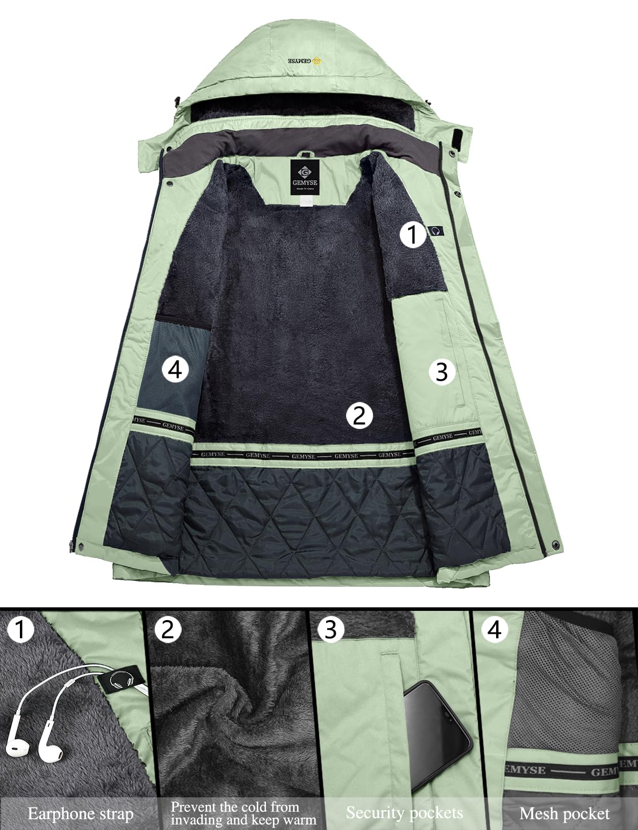 GEMYSE Damen Skijacke Wasserdicht Fleece Winterjacke Winddicht Schneejacke mit Kapuze für Outdoor Aktivitäten und Sport(Eisgrün,S)