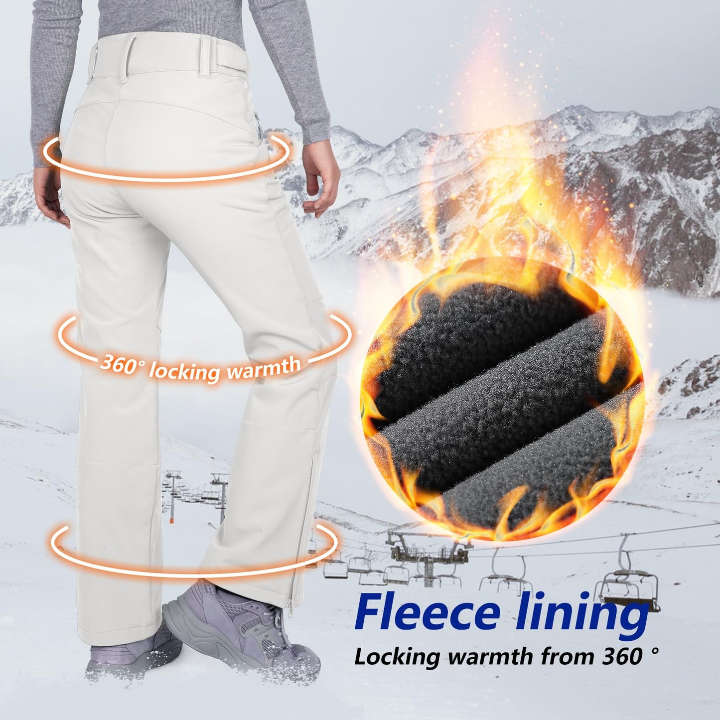 33,000ft Damen Skihose Outdoorhose Wasserdicht Winddichte Softshellhose Warme Gefütterte Trekkinghose Atmungsaktive Schnelltrocknende Thermohose Wanderhose Winter, Weiß 36W*29L