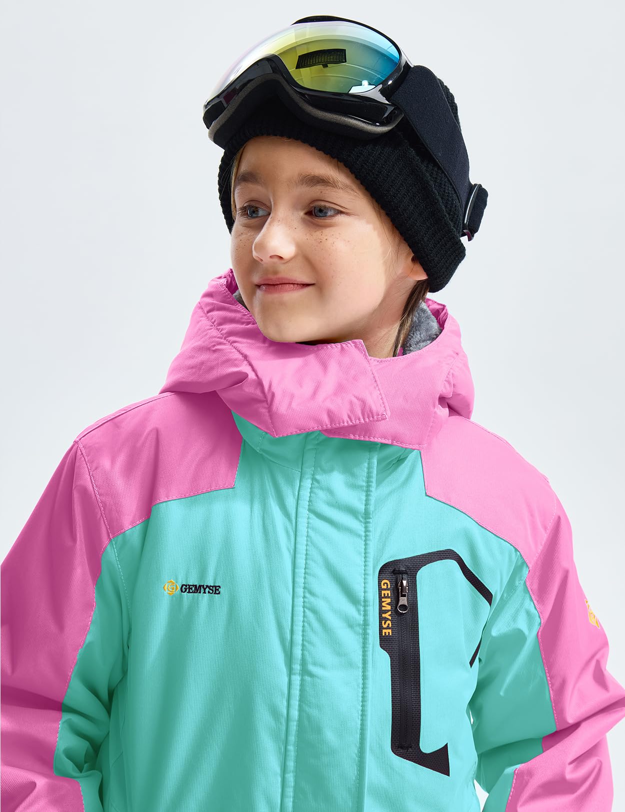 GEMYSE Mädchen Skijacke Wasserdichte Winterjacke Mit Warmer Fütterung Winddichter Schneeanzug Warm mit Kapuze für Outdoor(Tansanitblau Mit Leuchtendem Rosa,152-158)