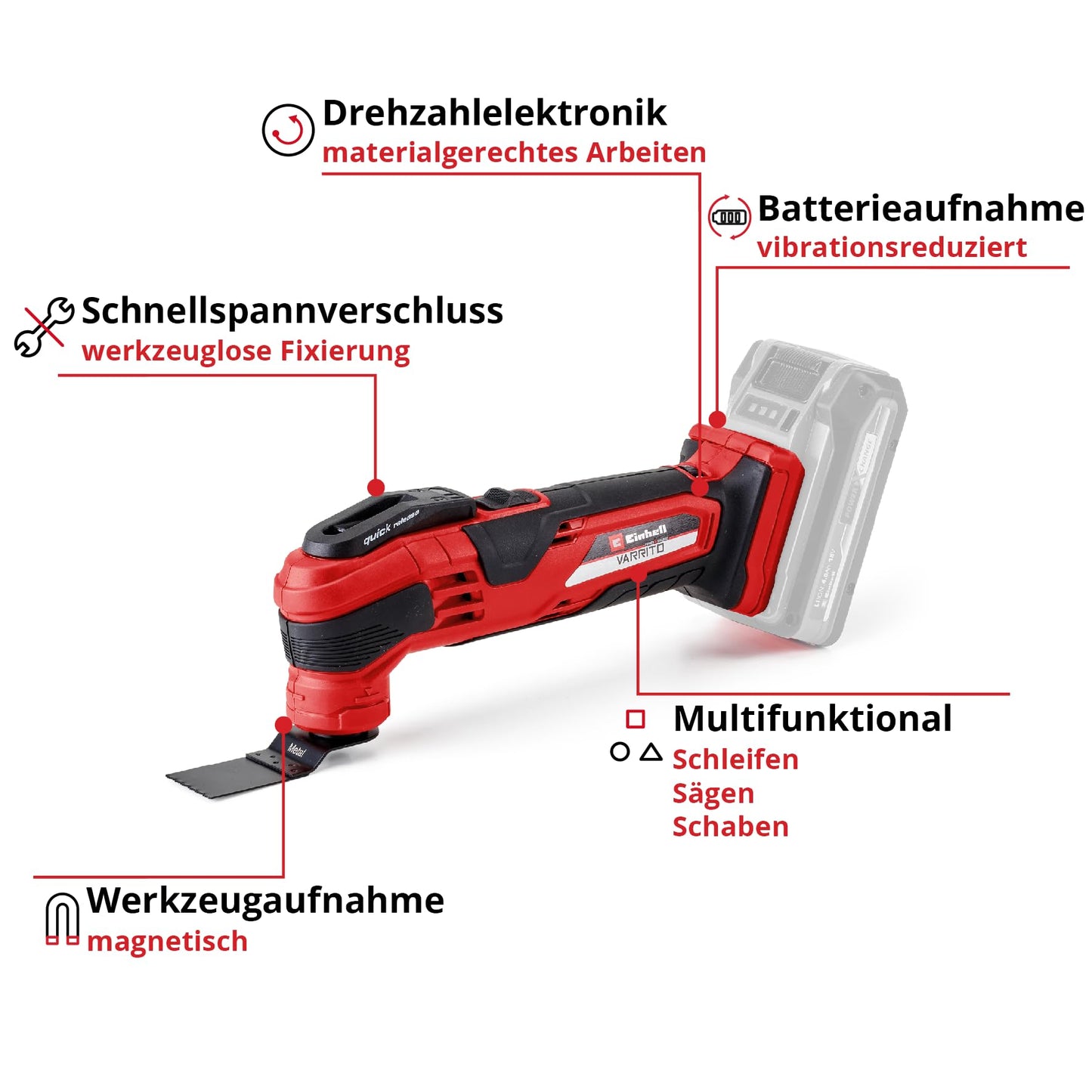 Akku-Multifunktionswerkzeug VARRITO Power X-Change (Li-Ion, 18 V, 22.000 bis 40.000 min-1, Drehzahl-Elektronik, Schnellspannverschluss, magnetische Werkzeugaufnahme, ohne Akku und Ladegerät)