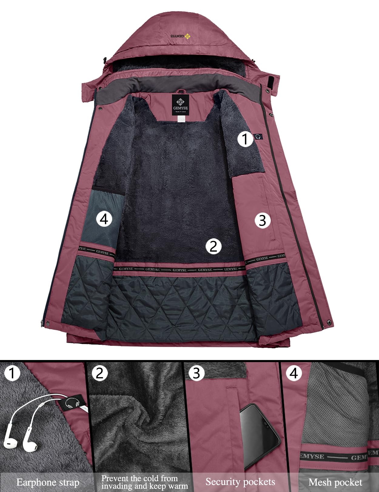 GEMYSE Damen Skijacke Wasserdicht Fleece Winterjacke Winddicht Schneejacke mit Kapuze für Outdoor Aktivitäten und Sport(Hellpink,L)