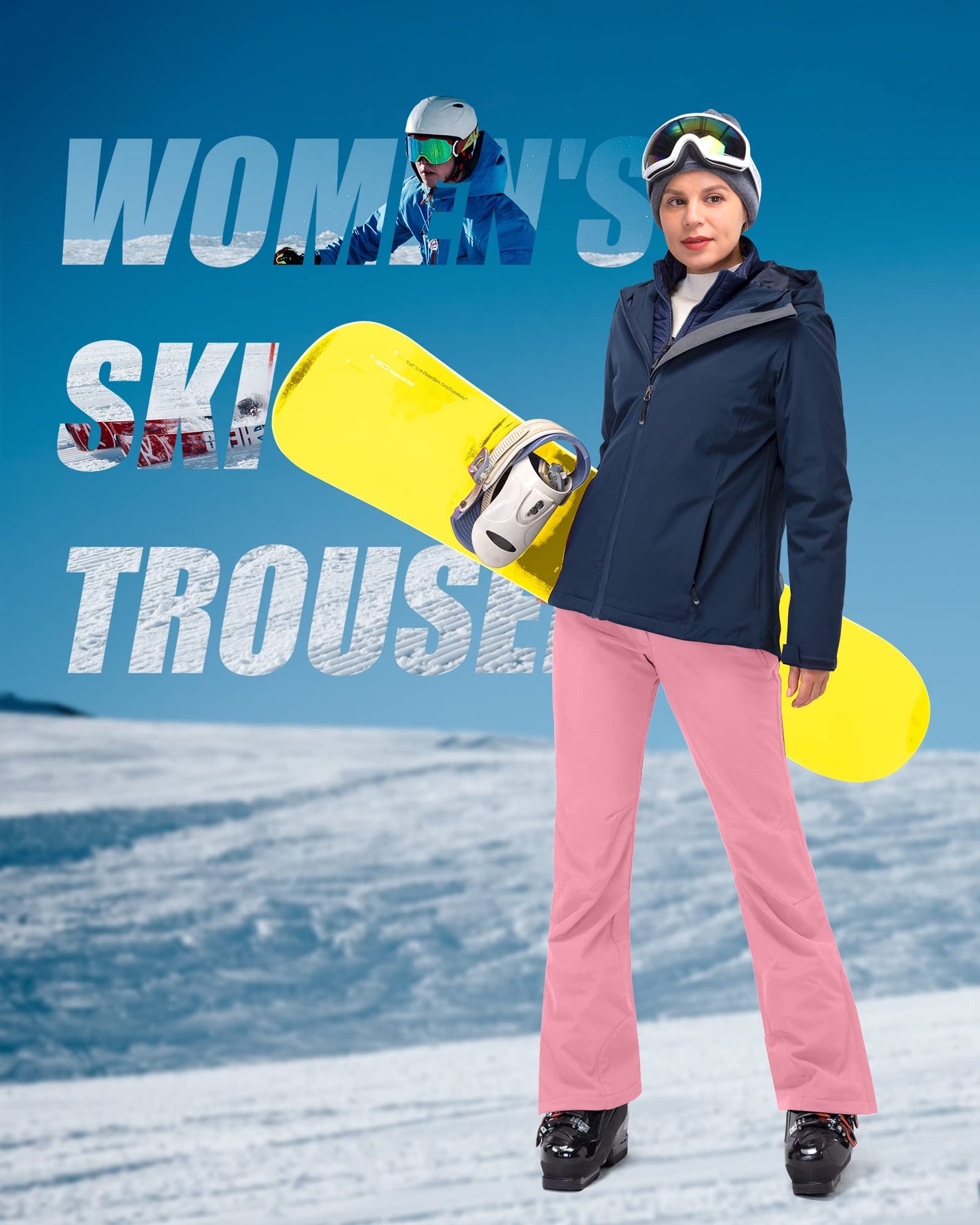 33,000ft Damen Skihose Outdoorhose Wasserdicht Winddichte Softshellhose Warme Gefütterte Trekkinghose Atmungsaktive Schnelltrocknende Thermohose Wanderhose Winter, Rosa 36W*29L