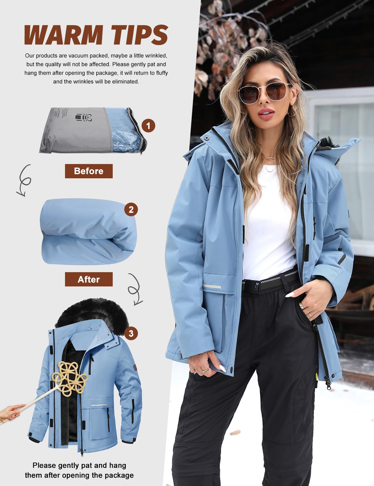 Voqeen Winterjacke Damen Wasserdicht Skijacke Fleece Schnee Skianzug Winddicht Atmungsaktiv Verdickt Skimantel mit Abnehmbarer für Damen
