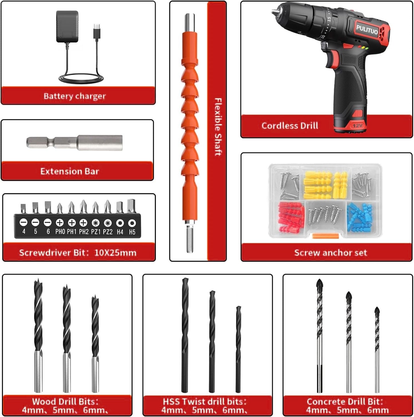 Akku-Schlagbohrmaschine 12 V, PULITUO schlagbohrschrauber set, Akkuschrauber mit 3/8" Metallfutter, 21 + 1 + 1 Drehmomentstufen, 1300-mAh-Batterie mit LED-Licht, 35 N.m maximales Drehmoment