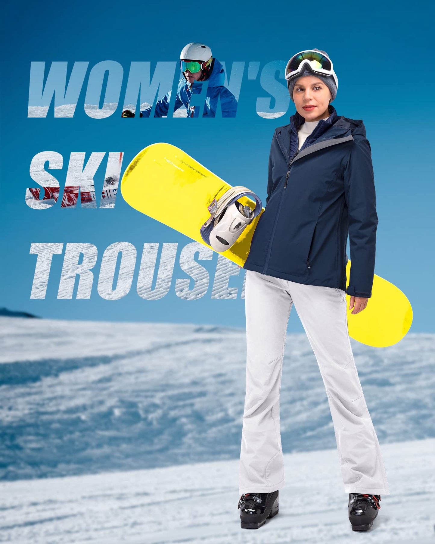 33,000ft Damen Skihose Outdoorhose Wasserdicht Winddichte Softshellhose Warme Gefütterte Trekkinghose Atmungsaktive Schnelltrocknende Thermohose Wanderhose Winter, Weiß 36W*29L