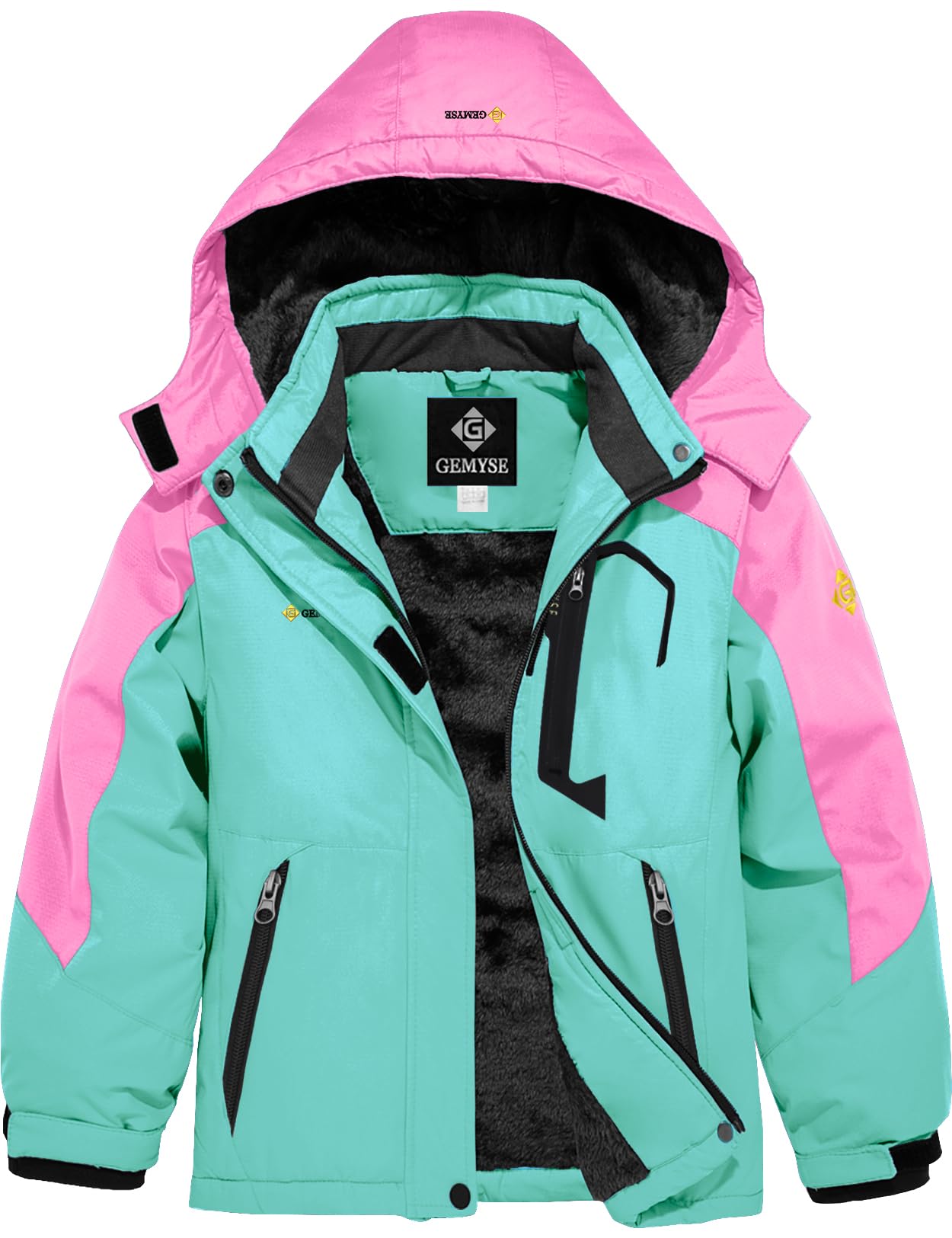 GEMYSE Mädchen Skijacke Wasserdichte Winterjacke Mit Warmer Fütterung Winddichter Schneeanzug Warm mit Kapuze für Outdoor(Tansanitblau Mit Leuchtendem Rosa,152-158)