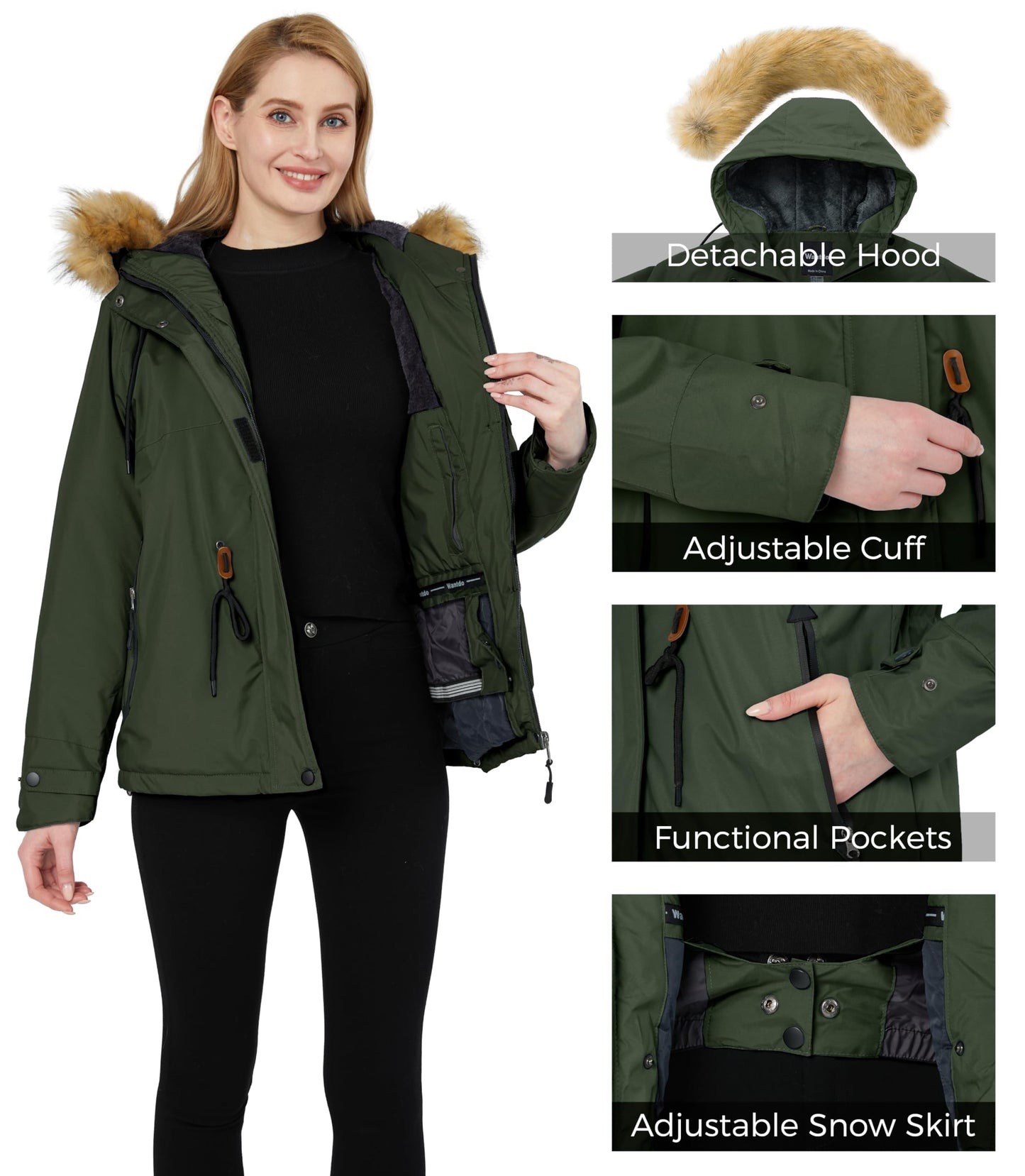 Wantdo Damen Wasserdicht Skijacke Winddichter Outdoor Sport Mäntel Berg Snowboardjacken Gefüttert Jacke mit Kunstpelzhaube Grün L