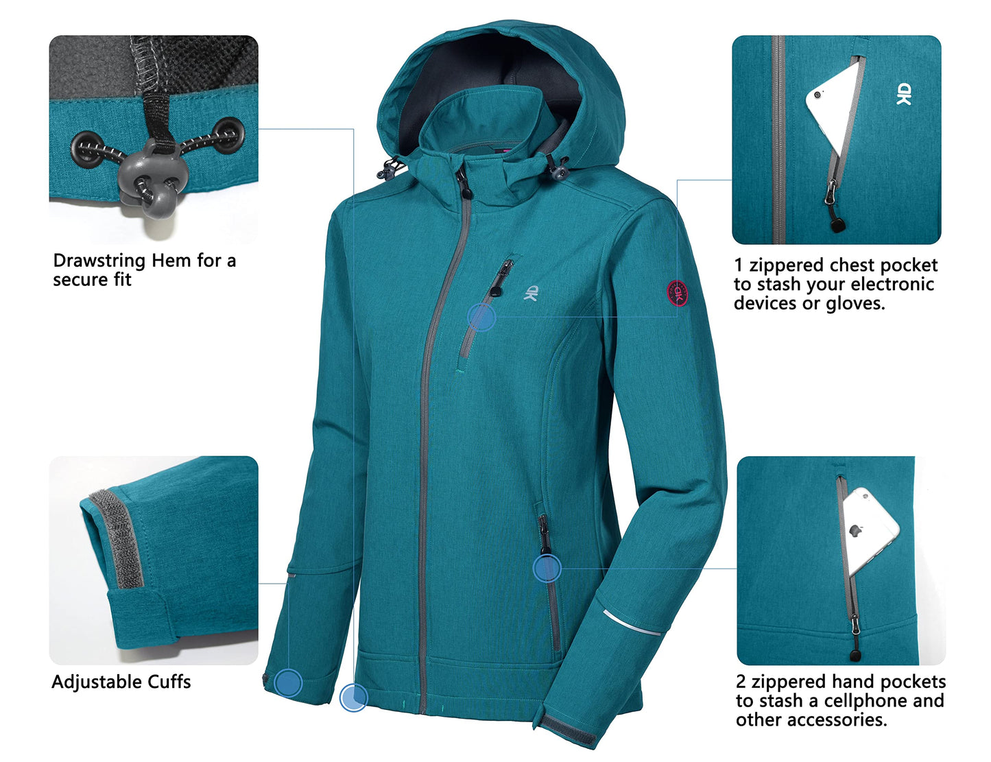 Little Donkey Andy Softshelljacke Damen Wasserdichte Atmungsaktive Fleece Warme Übergangsjacke Outdoorjacke mit abnehmbarer Kapuze Deep Lake Size XS