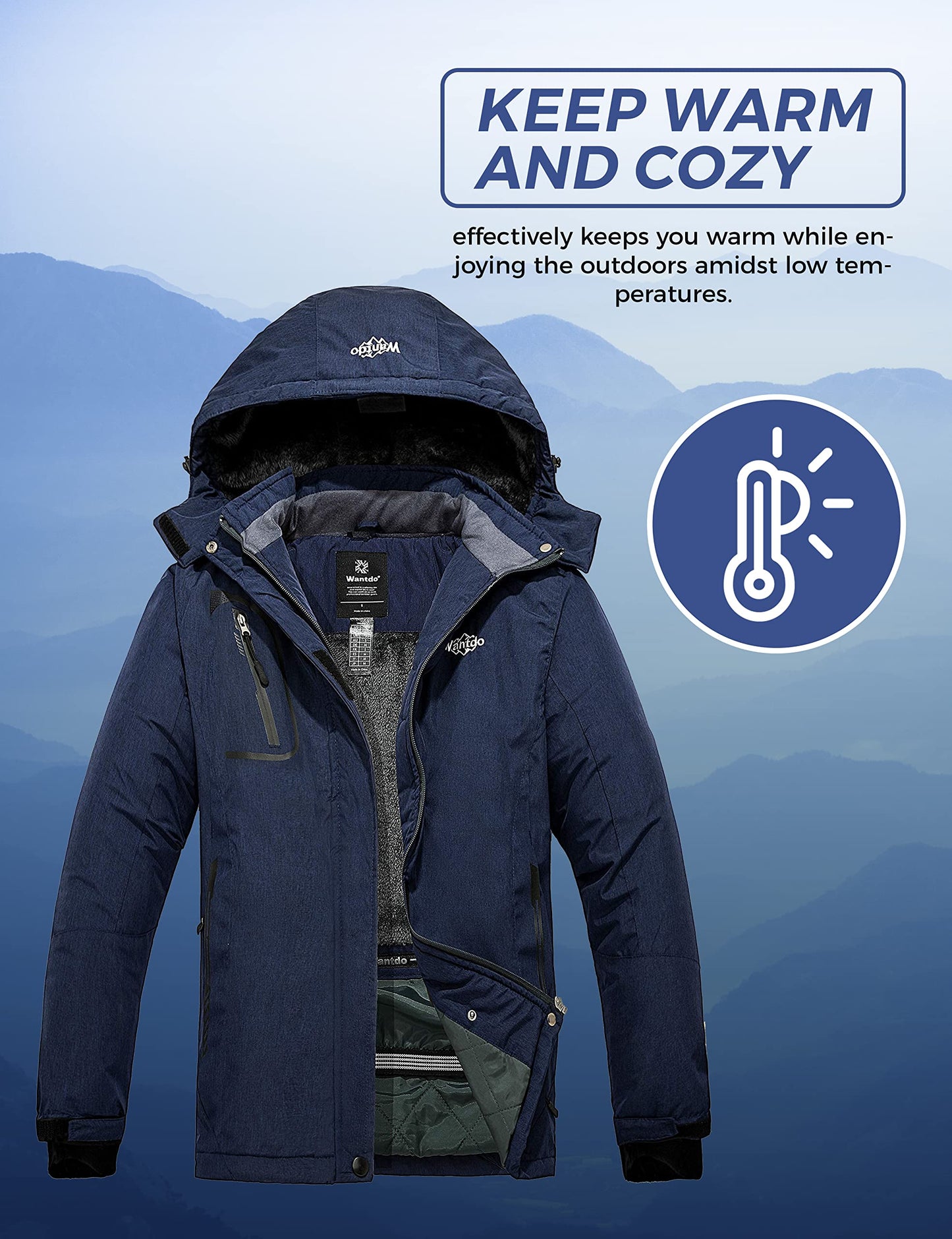 Wantdo Damen Berg Ski Jacke Wärmer Winter Fleece Mäntel Wasserdichter Atmungsaktive RegenMäntel Outdoor Kapuzen Windbreaker Jacken Enzianblau S