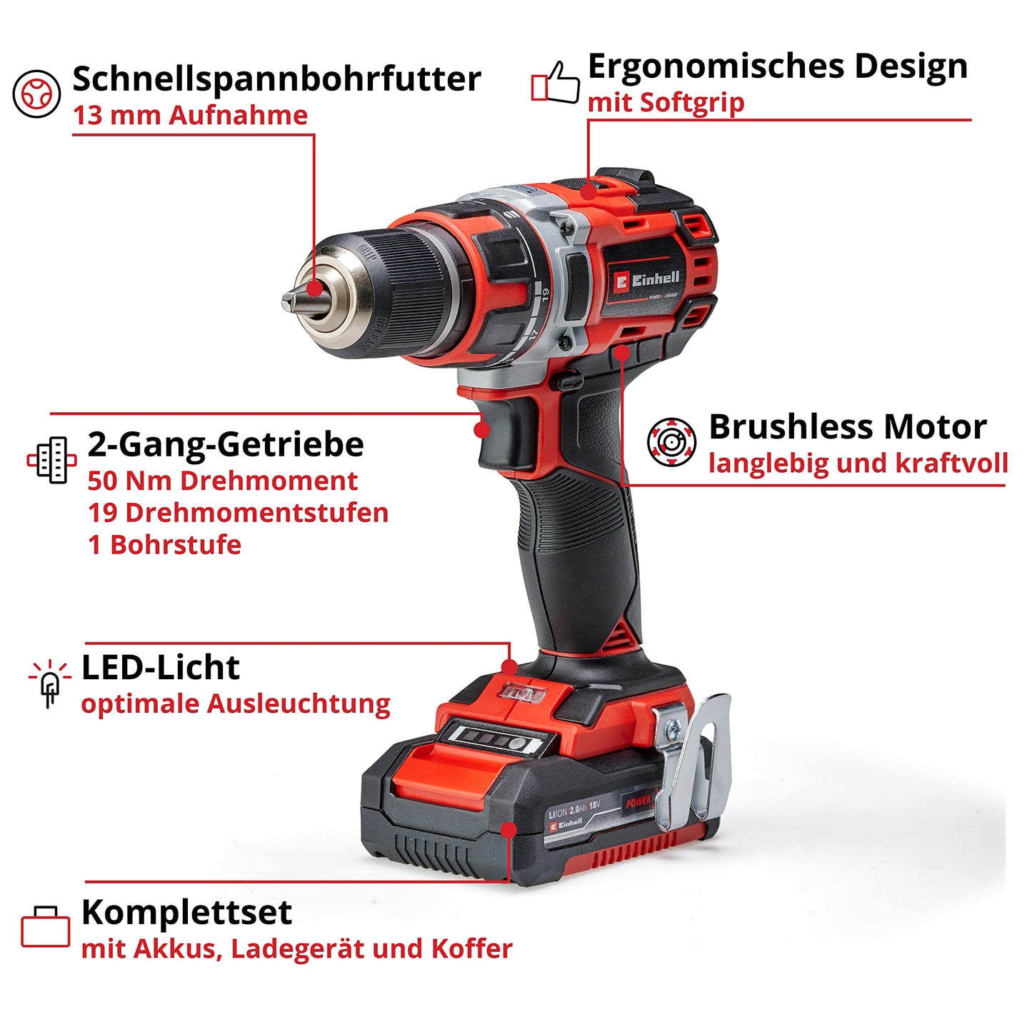 Professional Akku-Bohrschrauber TP-CD 18/50 Li BL Kit Power X-Change (18 V, Brushless, 50 Nm, 2 Gang, 13 mm Bohrfutter, inkl. 2x 2,0 Ah Akkus + Ladegerät)