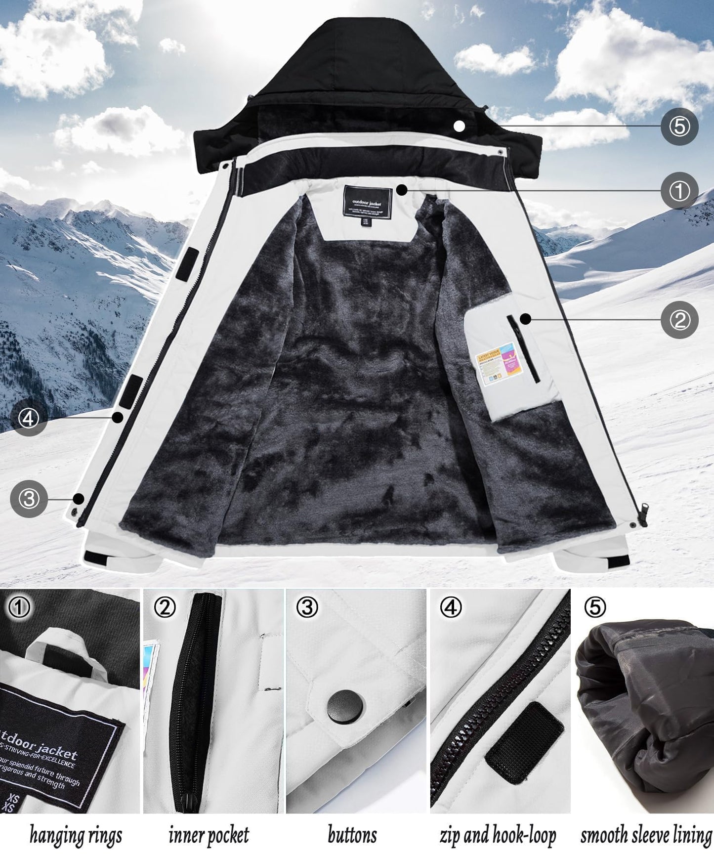 TACVASEN Dame Snowboardjacke Winter Wandern Übergangsjacke Arbeitsjacke Hiking Outdoor Jacken Gefüttert mit Kapuze und Taschen, Weiß-schwarz, XXL