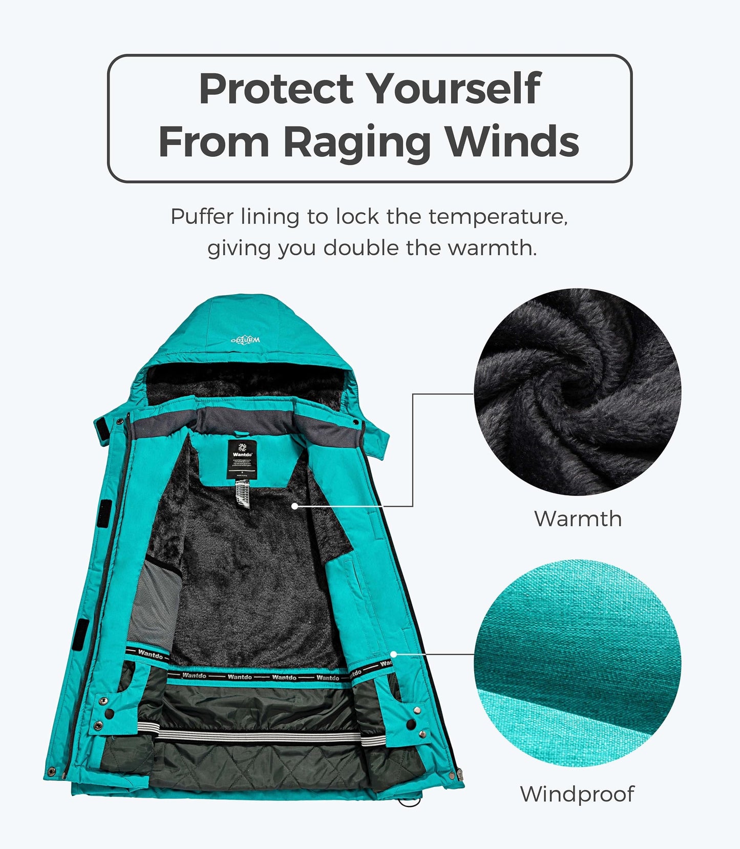 Wantdo Damen Berg Ski Jacke Wärmer Winter Fleece Mäntel Wasserdichter Atmungsaktive RegenMäntel Outdoor Kapuzen Windbreaker Jacken Dunkles Türkis XXL