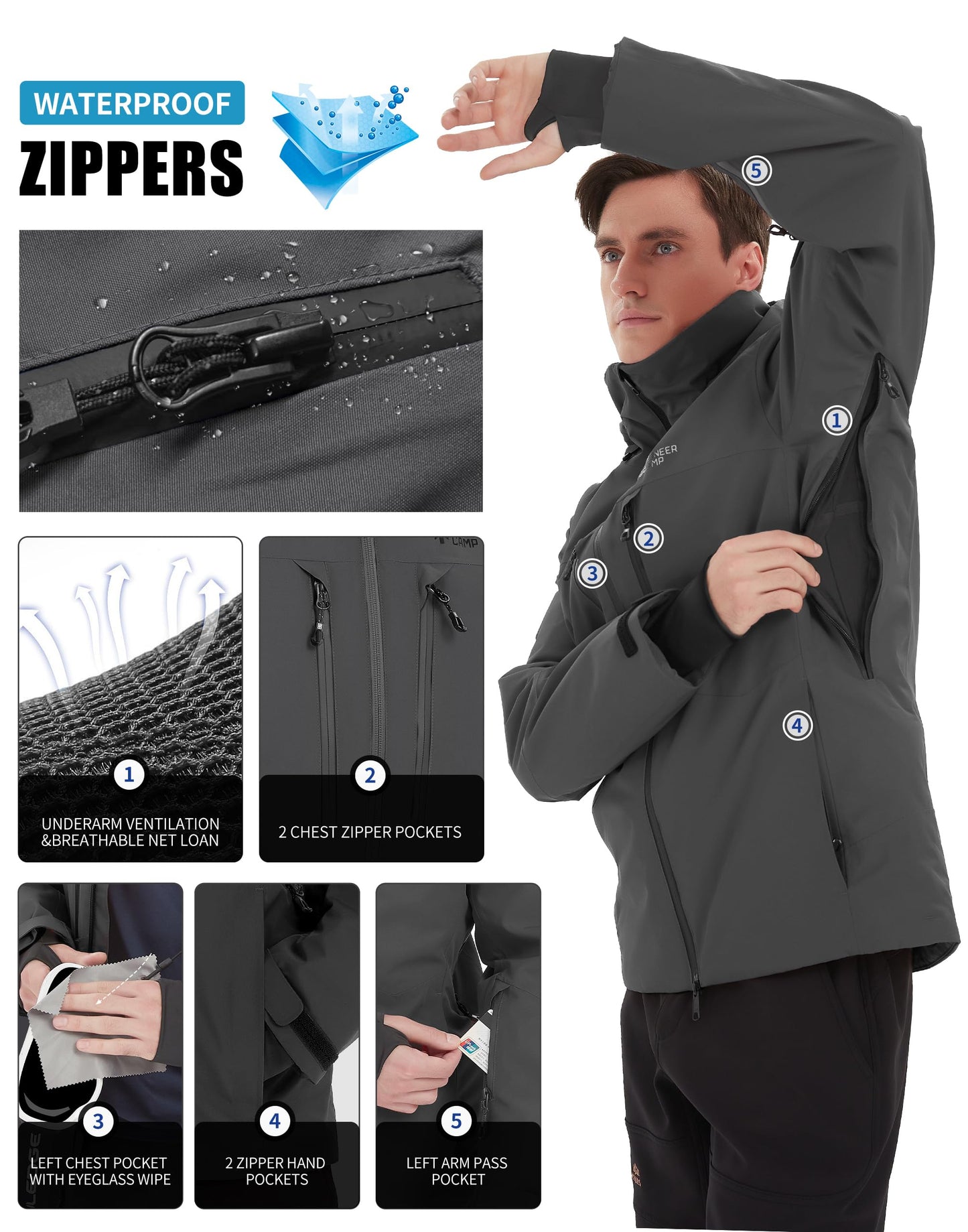 Pioneer Camp Herren Wasserdicht Skijacke Winddicht Snowboardjacke Warm Outdoor Winterjacke mit Kapuze Grau M