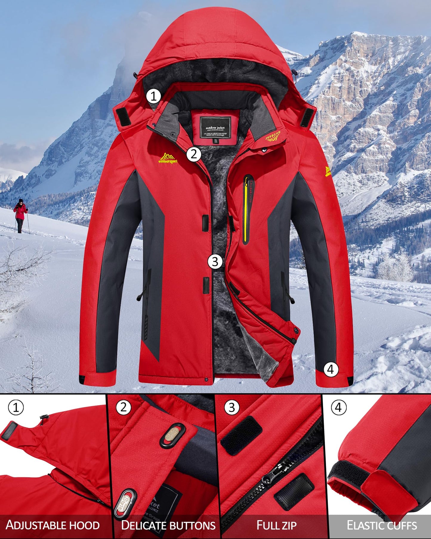 TACVASEN Damen Skijacke Wasserdichte Warm Winterjacke Atmungsaktiv Outdoor Softshelljacke Fleece Funktionsjacke mit Abnehmbare Kapuzen Rot S