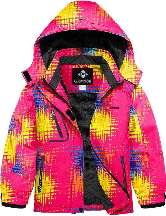 GEMYSE Mädchen Skijacke wasserdicht Winterjacke winddicht Fleece Schneeanzug warm mit Kapuze für Outdoor(Druck,140-146)
