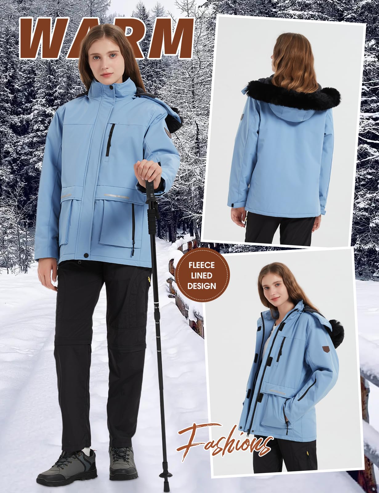 Voqeen Winterjacke Damen Wasserdicht Skijacke Fleece Schnee Skianzug Winddicht Atmungsaktiv Verdickt Skimantel mit Abnehmbarer für Damen