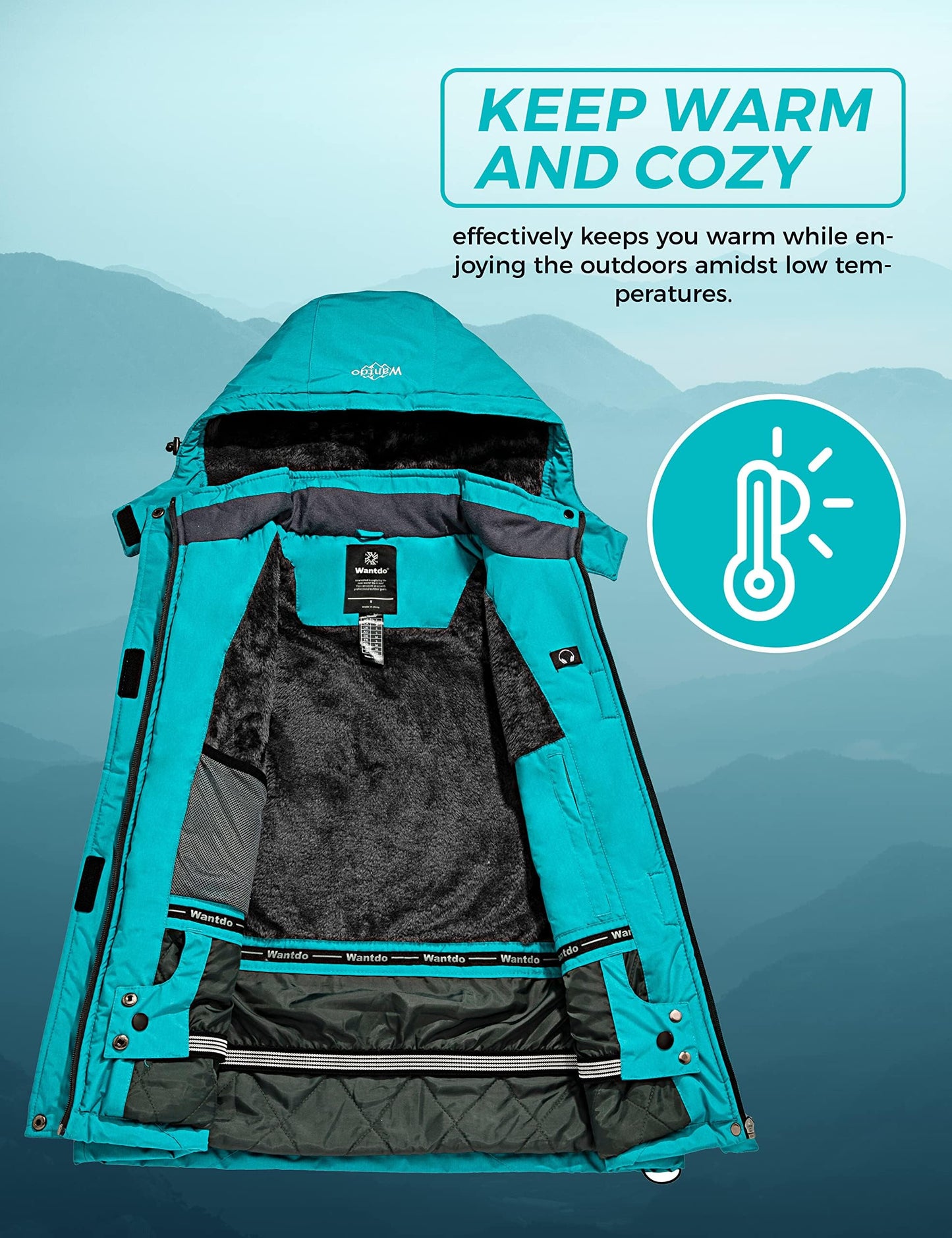Wantdo Damen Berg Ski Jacke Wärmer Winter Fleece Mäntel Wasserdichter Atmungsaktive RegenMäntel Outdoor Kapuzen Windbreaker Jacken Dunkles Türkis XXL