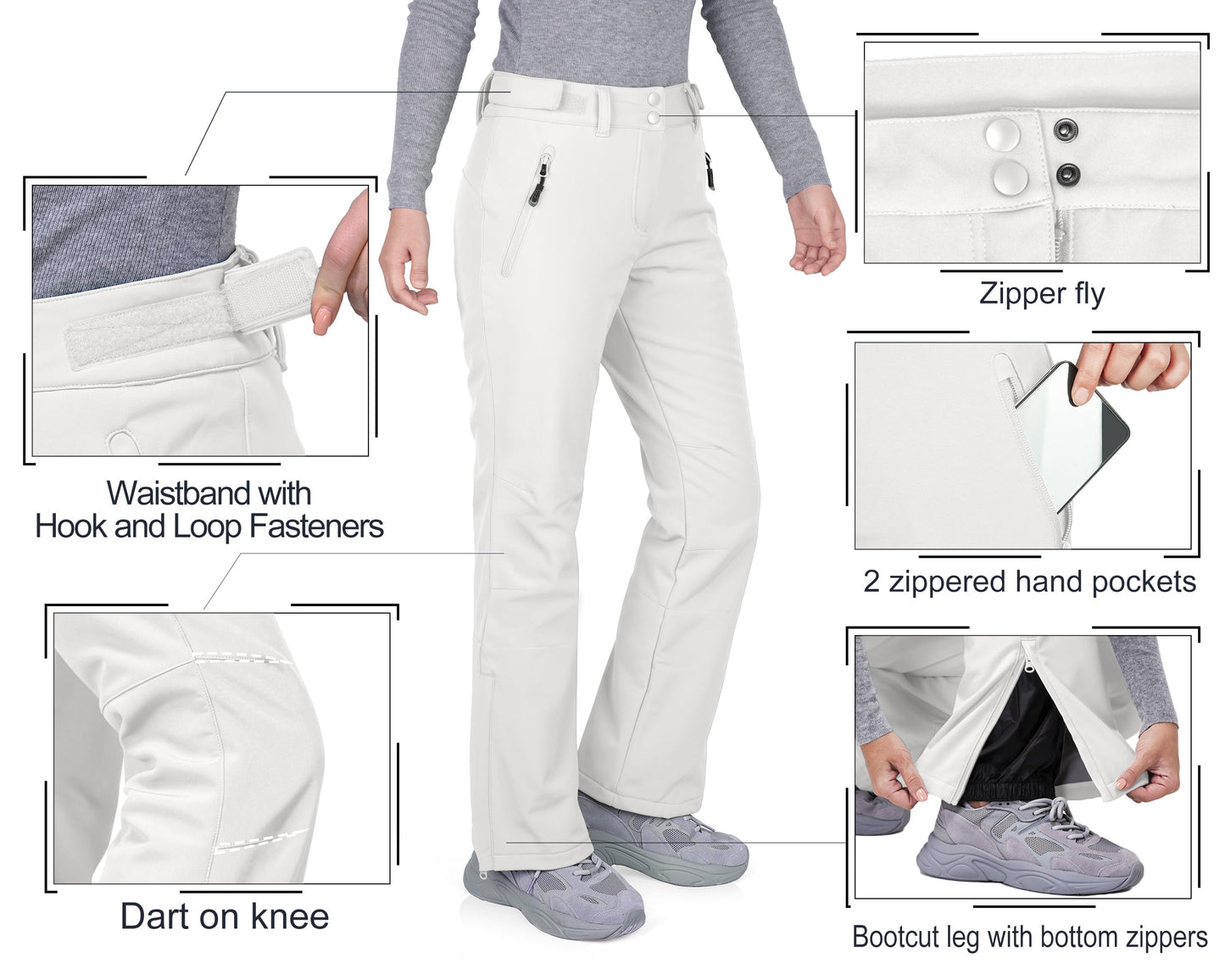 33,000ft Damen Skihose Outdoorhose Wasserdicht Winddichte Softshellhose Warme Gefütterte Trekkinghose Atmungsaktive Schnelltrocknende Thermohose Wanderhose Winter, Weiß 36W*29L