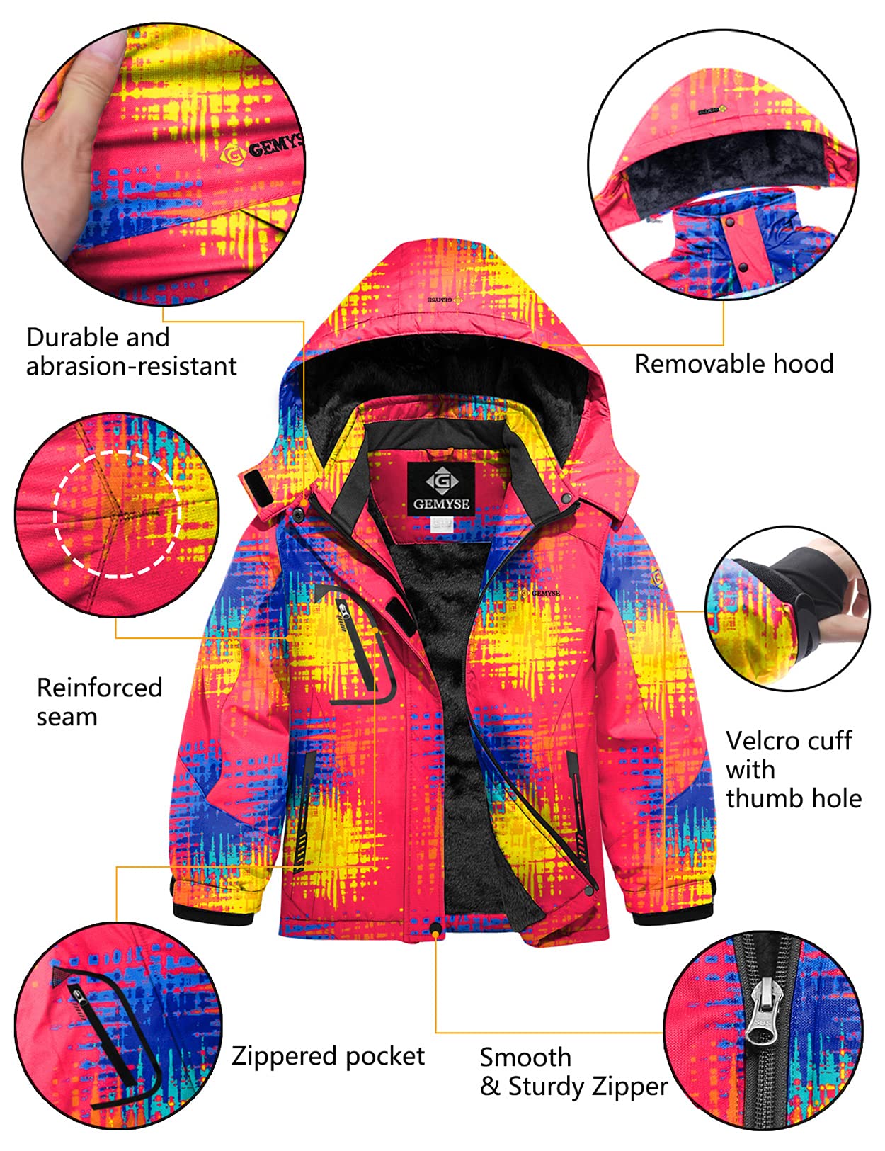 GEMYSE Mädchen Skijacke wasserdicht Winterjacke winddicht Fleece Schneeanzug warm mit Kapuze für Outdoor(Druck,140-146)