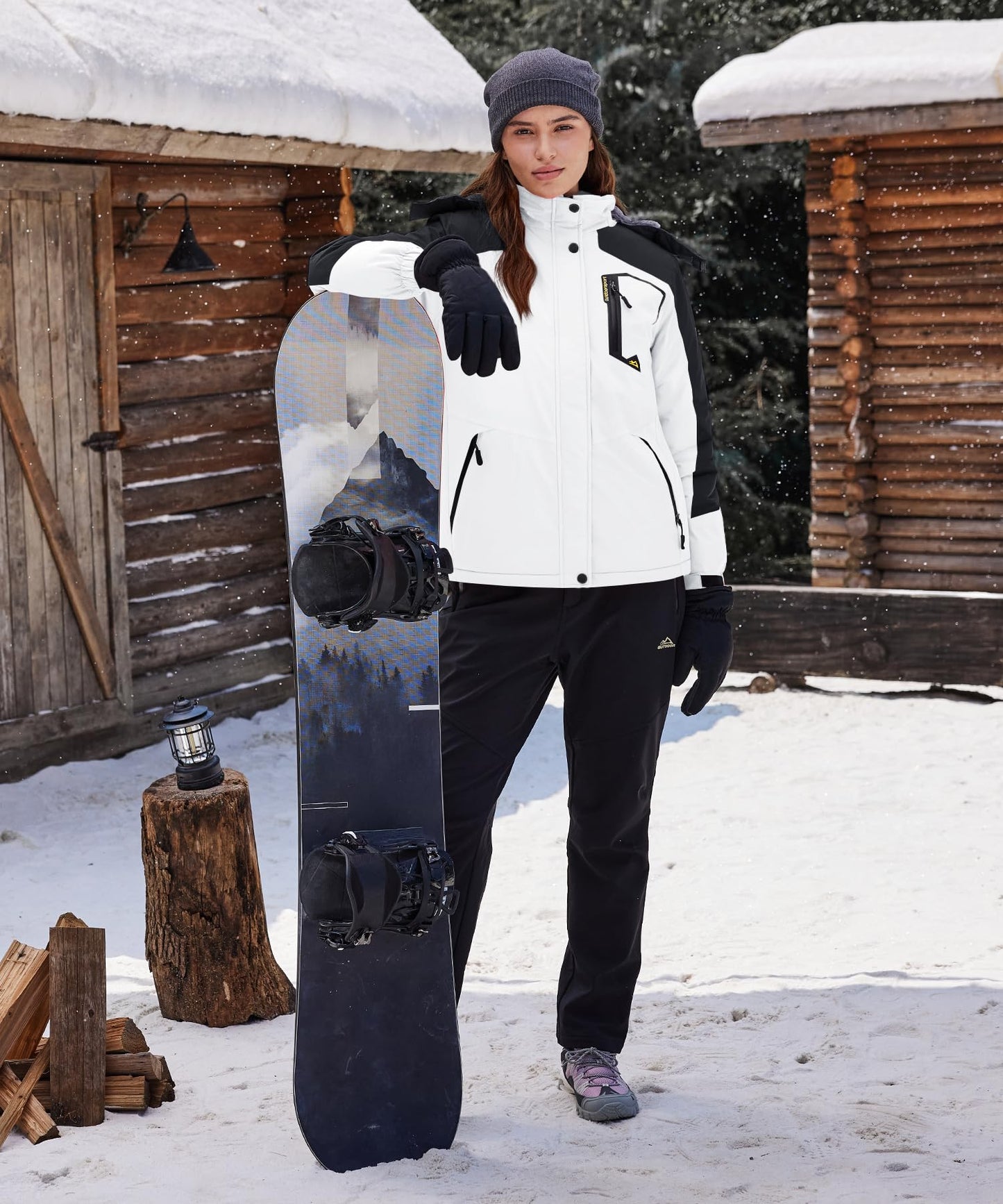 TACVASEN Dame Snowboardjacke Winter Wandern Übergangsjacke Arbeitsjacke Hiking Outdoor Jacken Gefüttert mit Kapuze und Taschen, Weiß-schwarz, S