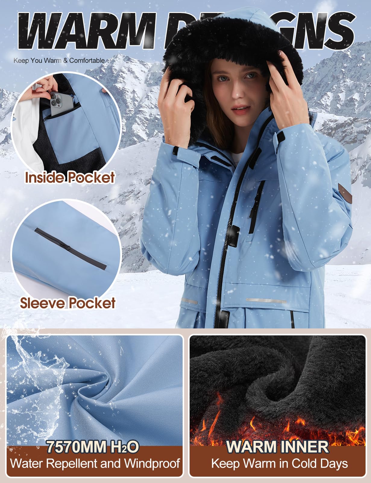 Voqeen Winterjacke Damen Wasserdicht Skijacke Fleece Schnee Skianzug Winddicht Atmungsaktiv Verdickt Skimantel mit Abnehmbarer für Damen