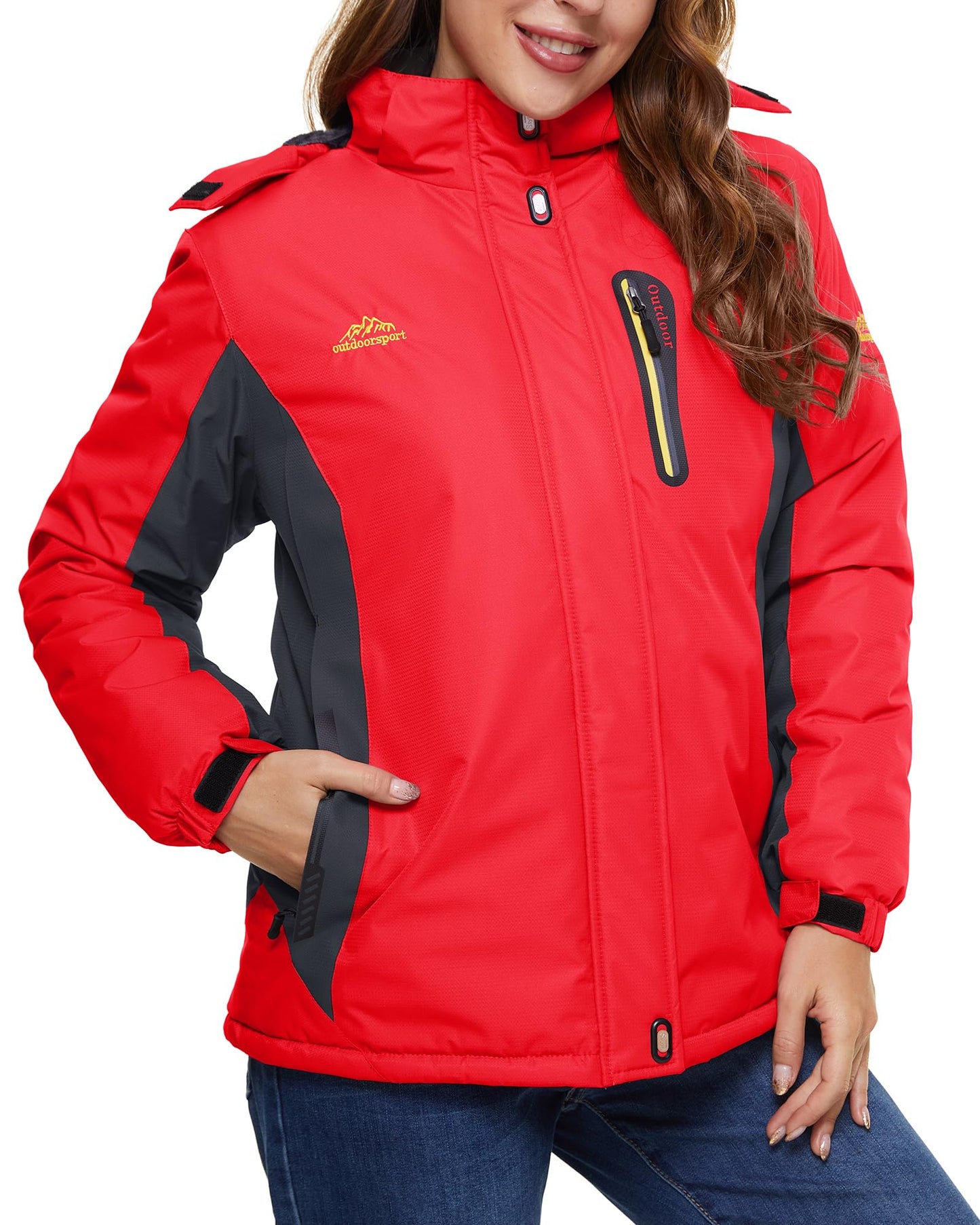 TACVASEN Damen Skijacke Wasserdichte Warm Winterjacke Atmungsaktiv Outdoor Softshelljacke Fleece Funktionsjacke mit Abnehmbare Kapuzen Rot S