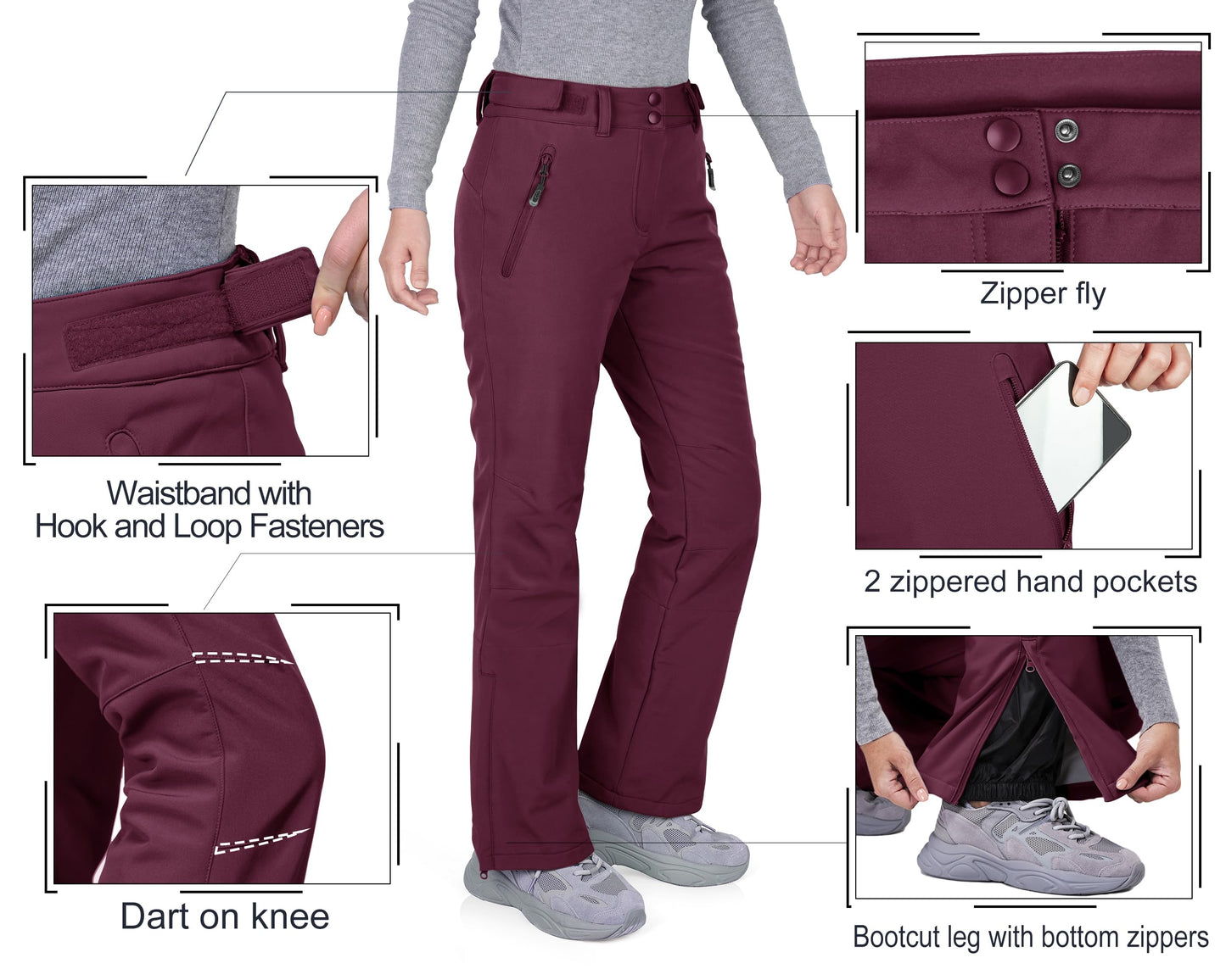 33,000ft Damen Skihose Outdoorhose Wasserdicht Winddichte Softshellhose Warme Gefütterte Trekkinghose Atmungsaktive Schnelltrocknende Thermohose Wanderhose Winter, Himbeerrot 34W*29L
