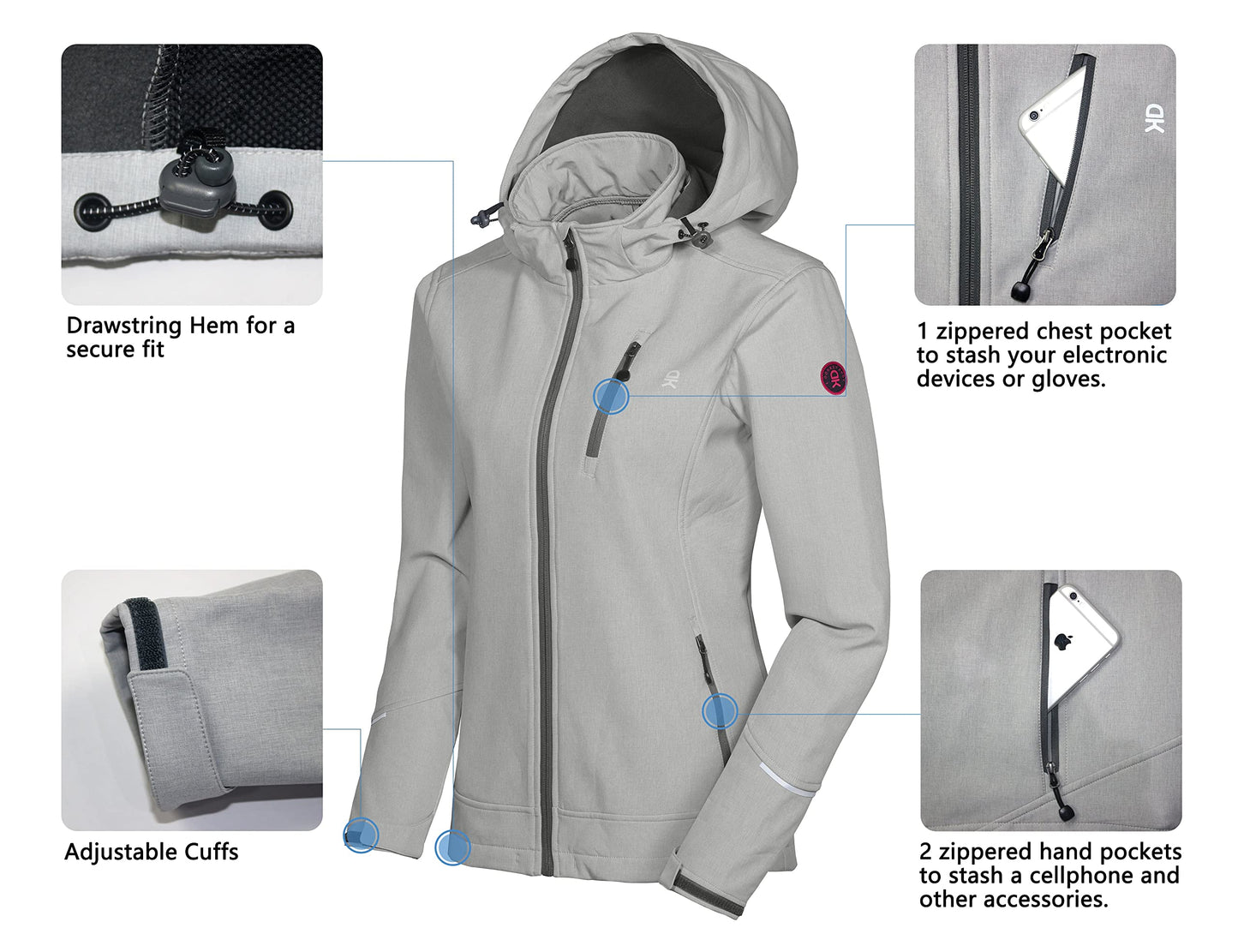 Little Donkey Andy Softshelljacke Damen Wasserdichte Atmungsaktive Fleece Warme Übergangsjacke Outdoorjacke mit abnehmbarer Kapuze Hellgrau meliert XXL