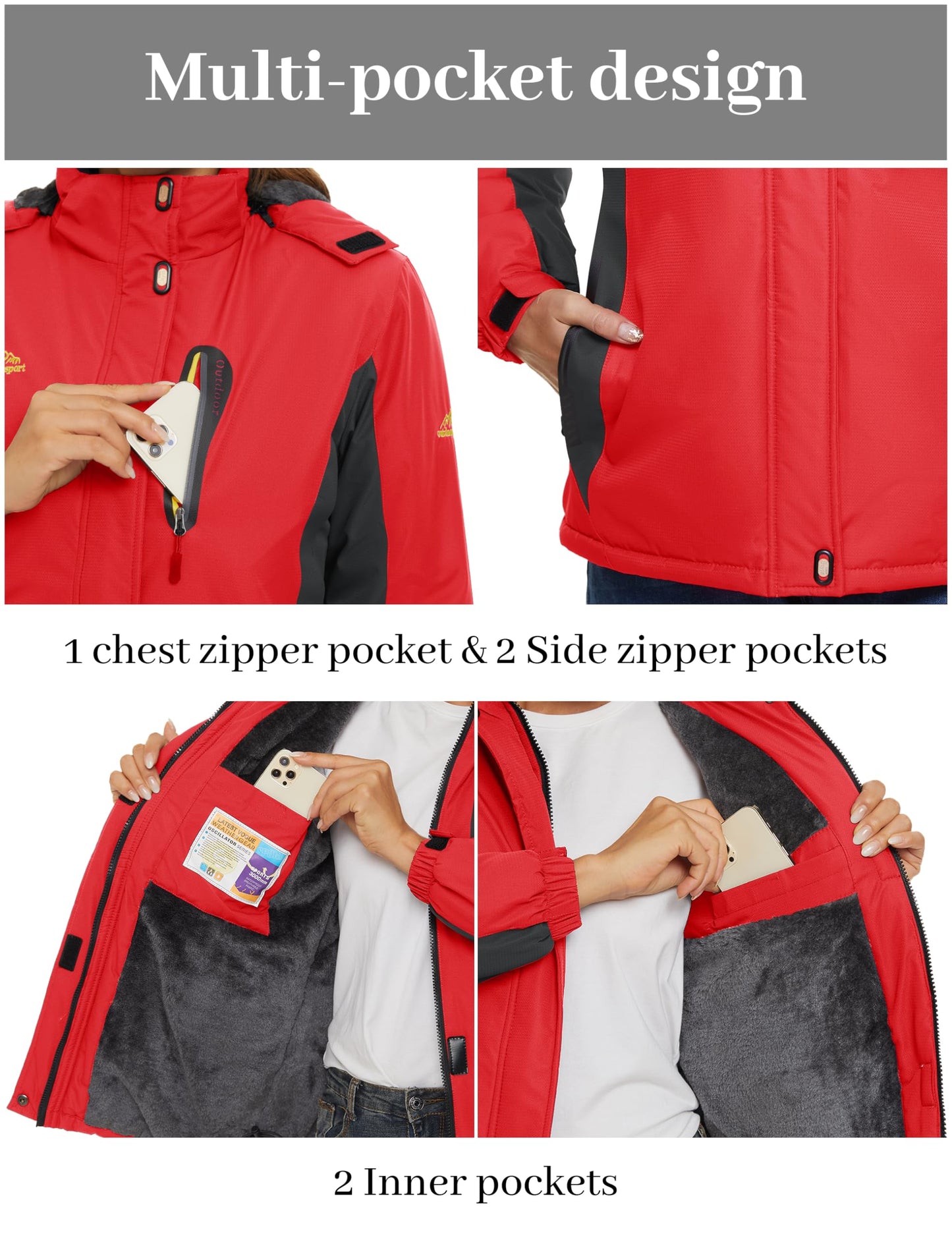 TACVASEN Damen Skijacke Wasserdichte Warm Winterjacke Atmungsaktiv Outdoor Softshelljacke Fleece Funktionsjacke mit Abnehmbare Kapuzen Rot S