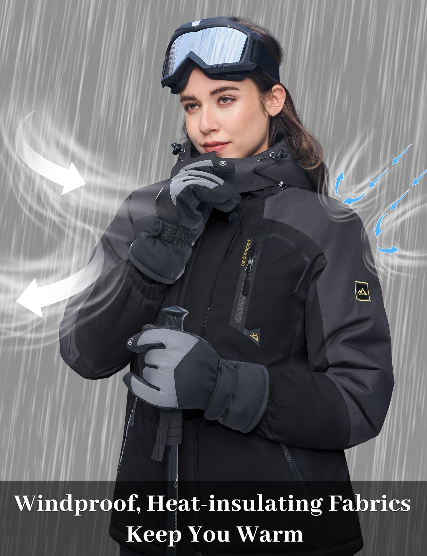 MAGCOMSEN Softshelljacke für Damen Skijacke Snowboardjacke Thermo Winterjacke mit Reißverschlusstaschen Schwarz Grau M